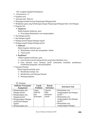 VIII. Langkah-langkah Pembelajaran
 Pertemuan ke 1-2
 Kegiatan awal
 Apresepsi dan Motivasi
 Mengingat kembali konsep Pengurangan Bilangan bulat
 Melakukan game yang berhubungan dengan Pengurangan Bilangan bulat dari bilangan
 Kegiatan Inti
 Eksplorasi
Dalam kegiatan eksplorasi, guru:
 Siswa dapat Menjelaskan cara mengurangkan :
 dua bilangan positif,
 dua bilangan negatif
 bilangan positif dengan bilangan negatif
 bilangan negatif dengan bilangan positif
 Elaborasi
Dalam kegiatan elaborasi, guru:
 Menjelaskan contoh dan menugaskan latihan
 Tanya jawab
 Konfirmasi
Dalam kegiatan konfirmasi, guru:
 Guru bertanya jawab tentang hal-hal yang belum diketahui siswa
 Guru bersama siswa bertanya jawab meluruskan kesalahan pemahaman,
memberikan penguatan dan penyimpulan
 Kegiatan Penutup
Dalam kegiatan penutup, guru:
 Memberikan latihan soal
 Memberikan soal Pekerjaan Rumah
 Menutup pelajaran
IX. Penilaian
Indikator Pencapaian
Kompetensi
Teknik
Penilaian
Bentuk
Instrumen
Instrumen/ Soal
oMengurangkan dua
bilangan positif
oMengurangkan dua
bilangan positif
oMengurangkan bilangan
positif dan bilangan
negatif
oMengurangkan dua
Tugas
Individu
dan
Kelompok
Laporan
buku
pekerjaan
rumah
oMenjelaskan cara
mengurangkan dua bilangan
positif ?
oMenjelaskan cara
mengurangkan dua bilangan
positif ?
oMenjelaskan cara
mengurangkan bilangan
Rencana Pelaksanaan Pembelajaran (RPP) 253
 