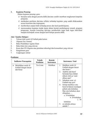 KTSP Perangkat Pembelajaran Tingkat SD, MI, DAN SDLB
3. Kegiatan Penutup
Dalam kegiatan penutup, guru:
 bersama-sama dengan peserta didik dan/atau sendiri membuat rangkuman/simpulan
pelajaran;
 melakukan penilaian dan/atau refleksi terhadap kegiatan yang sudah dilaksanakan
secara konsisten dan terprogram;
 memberikan umpan balik terhadap proses dan hasil pembelajaran;
 merencanakan kegiatan tindak lanjut dalam bentuk pembelajaran remedi, program
pengayaan, layanan konseling dan/atau memberikan tugas baik tugas individual
maupun kelompok sesuai dengan hasil belajar peserta didik;
Alat / Sumber Belajar:
1. Tulisan lafal surah Al Fatihah pada karton
2. Alquran (Juz Amma)
3. Buku Pendidikan Agama Islam
4. Buku-buku lain yang relevan
5. Kaset dan CD Alquran atau peralatan teknologi dan komunikasi yang relevan
6. Pengalaman guru
7. Lingkungan sekitar
Penilaian:
Indikator Pencapaian
Teknik
Penilaian
Bentuk
Instrumen
Instrumen / Soal
 Melafalkan surah Al
Fatihah dengan lancar
dan benar
Tes Lisan Hafalkan 1. Hafalkan surah Al
Fatihah dengan lancar
dan benar !
2. Apabila ada huruf
bertanda baca fathah
diikuti oleh ya’ mati
dibaca apa?
3. Sebutkan surat al-
Fatihah tiap ayat!
4. Setiap membaca satu
huruf al-Quran mendapat
pahala satu kebaikan.
Dan satu kebaikan akan
dilipatkan .…
a. 10 kebaikan
b. 20 kebaikan
c. 30
kebaikan
5. ar-rahmān artinya
adalah ?
Rencana Pelaksanaan Pembelajaran (RPP) 17
 