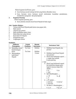 KTSP Perangkat Pembelajaran Tingkat SD, MI, DAN SDLB
Dalam kegiatan konfirmasi, guru:
 Guru bertanya jawab tentang hal-hal yang belum diketahui siswa
 Guru bersama siswa bertanya jawab meluruskan kesalahan pemahaman,
memberikan penguatan dan penyimpulan
3. Kegiatan Penutup
Dalam kegiatan penutup, guru:
 Siswa diminta menulis huruf-huruf Hijaiah di buku tugas
Alat / Sumber Belajar:
1. Tulisan lafal huruf Hijaiah pada karton atau papan tulis
2. Buku tajwid
3. Alquran (juz amma)
4. Buku pendidikan agam islam.
5. Buku-buku lain yang relevan
6. Kaset dan CD Alquran
7. Pengalaman guru
8. Lingkungan sekitar
Penilaian:
Indikator
Pencapaian
Teknik
Penilaian
Bentuk
Instrumen
Instrumen/ Soal
 Melafalkan huruf
hijaiah dengan
benar
 Menunjukkan
hafal huruf
Hijaiah
Tes lisan
Tes lisan
Hafalan
Hafalan
Uraian
1. Hafalkan huruf hijaiah satu
persatu!
2. Hafalkan huruf-huruf hijaiah
satu persatu!
3. Huruf mim berbentuk seperti ....
a. angka tiga terbalik
b.mata pancing
c. toge
4. Huruf yang berbentuk seperti
biji mentimun dengan garis
tegak di atasnya tanpa titik
adalah .....
a. ta b. ţa
c. dad
5. Qaf dilambangkan .....
a. ‫ف‬ b. ‫ق‬
c. ‫ك‬
6. ‫ك‬‫م‬ adalah ....
a. kaf nun b. kaf ya’
c. kaf mim
7. Sin dan ta’ dilambangkan ....
a. ‫س‬‫ن‬ b. ‫س‬‫ج‬
Rencana Pelaksanaan Pembelajaran (RPP)116
 