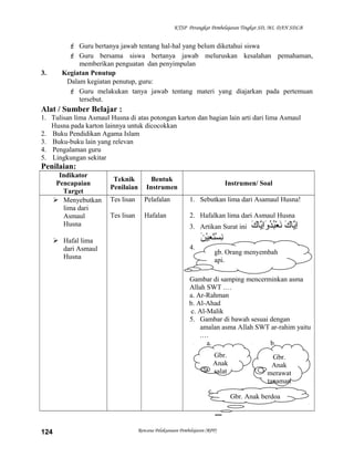 gb. Orang menyembah
api.
KTSP Perangkat Pembelajaran Tingkat SD, MI, DAN SDLB
 Guru bertanya jawab tentang hal-hal yang belum diketahui siswa
 Guru bersama siswa bertanya jawab meluruskan kesalahan pemahaman,
memberikan penguatan dan penyimpulan
3. Kegiatan Penutup
Dalam kegiatan penutup, guru:
 Guru melakukan tanya jawab tentang materi yang diajarkan pada pertemuan
tersebut.
Alat / Sumber Belajar :
1. Tulisan lima Asmaul Husna di atas potongan karton dan bagian lain arti dari lima Asmaul
Husna pada karton lainnya untuk dicocokkan
2. Buku Pendidikan Agama Islam
3. Buku-buku lain yang relevan
4. Pengalaman guru
5. Lingkungan sekitar
Penilaian:
Indikator
Pencapaian
Target
Teknik
Penilaian
Bentuk
Instrumen
Instrumen/ Soal
 Menyebutkan
lima dari
Asmaul
Husna
 Hafal lima
dari Asmaul
Husna
Tes lisan
Tes lisan
Pelafalan
Hafalan
1. Sebutkan lima dari Asamaul Husna!
2. Hafalkan lima dari Asmaul Husna
3. Artikan Surat ini ‫ك‬َ K ‫َكا‬‫ي‬َّ‫ا‬‫ا‬ِ‫ك‬َ K ‫َكا‬‫ي‬َّ‫ا‬‫ا‬ِ‫و‬َ K ‫د‬ُ‫ب‬ُ‫ع‬ْ‫َن‬ ‫ن‬َ K
‫ن‬َ K ‫ي‬ْ‫َن‬‫ع‬ِ ‫ت‬َ K‫س‬ْ‫َن‬ ‫ن‬ِ
4.
Gambar di samping mencerminkan asma
Allah SWT .…
a. Ar-Rahman
b. Al-Ahad
c. Al-Malik
5. Gambar di bawah sesuai dengan
amalan asma Allah SWT ar-rahim yaitu
.…
a. b.
c.
Rencana Pelaksanaan Pembelajaran (RPP)124
Gbr.
Anak
salat
Gbr.
Anak
merawat
tanaman
Gbr. Anak berdoa
 