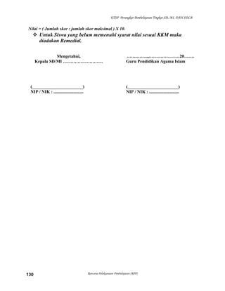 KTSP Perangkat Pembelajaran Tingkat SD, MI, DAN SDLB
Nilai = ( Jumlah skor : jumlah skor maksimal ) X 10.
 Untuk Siswa yang belum memenuhi syarat nilai sesuai KKM maka
diadakan Remedial.
Mengetahui,
Kepala SD/MI ………………………
(_______________________)
NIP / NIK : ...........................
…….……..,…………………20…….
Guru Pendidikan Agama Islam
(_______________________)
NIP / NIK : ...........................
Rencana Pelaksanaan Pembelajaran (RPP)130
 