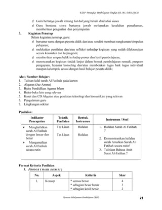 KTSP Perangkat Pembelajaran Tingkat SD, MI, DAN SDLB
 Guru bertanya jawab tentang hal-hal yang belum diketahui siswa
 Guru bersama siswa bertanya jawab meluruskan kesalahan pemahaman,
memberikan penguatan dan penyimpulan
3. Kegiatan Penutup
Dalam kegiatan penutup, guru:
 bersama-sama dengan peserta didik dan/atau sendiri membuat rangkuman/simpulan
pelajaran;
 melakukan penilaian dan/atau refleksi terhadap kegiatan yang sudah dilaksanakan
secara konsisten dan terprogram;
 memberikan umpan balik terhadap proses dan hasil pembelajaran;
 merencanakan kegiatan tindak lanjut dalam bentuk pembelajaran remedi, program
pengayaan, layanan konseling dan/atau memberikan tugas baik tugas individual
maupun kelompok sesuai dengan hasil belajar peserta didik;
Alat / Sumber Belajar:
1. Tulisan lafal surah Al Fatihah pada karton
2. Alquran (Juz Amma)
3. Buku Pendidikan Agama Islam
4. Buku-buku lain yang relevan
5. Kaset dan CD Alquran atau peralatan teknologi dan komunikasi yang relevan
6. Pengalaman guru
7. Lingkungan sekitar
Penilaian:
Indikator
Pencapaian
Teknik
Penilaian
Bentuk
Instrumen
Instrumen / Soal
 Menghafalkan
surah Al Fatihah
dengan lancar dan
benar
 Mengamalkan
surah Al Fatihah
secara rutin
Tes Lisan
Tes Lisan
Hafalan
Hafalan
1. Hafalan Surah Al Fatihah
?
2. Demonstrasikan hafalan
surah Amalkan Surah Al
Fatihah secara rutin!
3. Tuliskan Bahasa Arab
Surat Al-Fatihan ?
Format Kriteria Penilaian
1. PRODUK ( HASIL DISKUSI )
No. Aspek Kriteria Skor
1. Konsep * semua benar
* sebagian besar benar
* sebagian kecil benar
4
3
2
Rencana Pelaksanaan Pembelajaran (RPP) 21
 