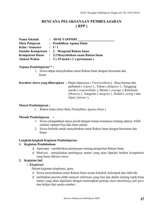 KTSP Perangkat Pembelajaran Tingkat SD, MI, DAN SDLB
RENCANA PELAKSANAAN PEMBELAJARAN
( RPP )
Nama Sekolah : SD 02 YAPINDO _______________________
Mata Pelajaran : Pendidikan Agama Islam
Kelas / Semester : I / 1
Standar Kompetensi : 2. Mengenal Rukun Iman
Kompetensi Dasar : 2.2Menyebutkan enam Rukun Iman
Alokasi Waktu : 3 x 35 menit ( 1 x pertemuan )
Tujuan Pembelajaran** :
1. Siswa dapat menyebutkan enam Rukun Iman dengan berurutan dan
benar
Karakter siswa yang diharapkan : Dapat dipercaya ( Trustworthines) , Rasa hormat dan
perhatian ( respect ) , Tekun ( diligence ) , Tanggung
jawab ( responsibility ), Berani ( courage ), Ketulusan
(Honesty ), Integritas ( integrity ) , Peduli ( caring ) dan
Jujur ( fairnes ),
Materi Pembelajaran :
1. Rukun Iman (lihat Buku Pendidikan Agama Islam )
Metode Pembelajaran :
1. Siswa mengadakan tanya jawab dengan teman-temannya tentang adanya Allah
melalui ciptaan-Nya dan alam sekitar
2. Siswa berlatih untuk menyebutkan enam Rukun Iman dengan berurutan dan
benar
Langkah-langkah Kegiatan Pembelajaran:
1. Kegiatan Pendahuluan
 Apersepsi : memberikan pertanyaan tentang pengertian Rukun Iman
 Motivasi : menjelaskan pentingnya materi yang akan dipelari berikut kompetensi
yang harus dikuasi siswa
2. Kegiatan Inti
 Eksplorasi
Dalam kegiatan eksplorasi, guru:
 Siswa menyebutkan enam Rukun Iman secara klasikal, kelompok dan individu
 melibatkan peserta didik mencari informasi yang luas dan dalam tentang topik/tema
materi yang akan dipelajari dengan menerapkan prinsip alam takambang jadi guru
dan belajar dari aneka sumber;
Rencana Pelaksanaan Pembelajaran (RPP) 27
 
