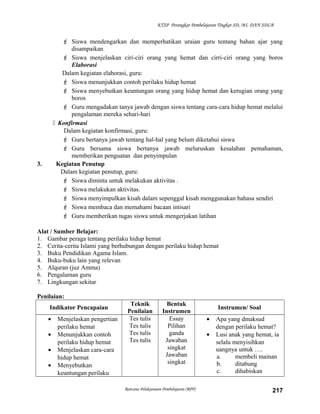 KTSP Perangkat Pembelajaran Tingkat SD, MI, DAN SDLB
 Siswa mendengarkan dan memperhatikan uraian guru tentang bahan ajar yang
disampaikan
 Siswa menjelaskan ciri-ciri orang yang hemat dan cirri-ciri orang yang boros
Elaborasi
Dalam kegiatan elaborasi, guru:
 Siswa menunjukkan contoh perilaku hidup hemat
 Siswa menyebutkan keuntungan orang yang hidup hemat dan kerugian orang yang
boros
 Guru mengadakan tanya jawab dengan siswa tentang cara-cara hidup hemat melalui
pengalaman mereka sehari-hari
 Konfirmasi
Dalam kegiatan konfirmasi, guru:
 Guru bertanya jawab tentang hal-hal yang belum diketahui siswa
 Guru bersama siswa bertanya jawab meluruskan kesalahan pemahaman,
memberikan penguatan dan penyimpulan
3. Kegiatan Penutup
Dalam kegiatan penutup, guru:
 Siswa diminta untuk melakukan aktivitas .
 Siswa melakukan aktivitas.
 Siswa menyimpulkan kisah dalam sepenggal kisah menggunakan bahasa sendiri
 Siswa membaca dan memahami bacaan intisari
 Guru memberikan tugas siswa untuk mengerjakan latihan
Alat / Sumber Belajar:
1. Gambar peraga tentang perilaku hidup hemat
2. Cerita-cerita Islami yang berhubungan dengan perilaku hidup hemat
3. Buku Pendidikan Agama Islam.
4. Buku-buku lain yang relevan
5. Alquran (juz Amma)
6. Pengalaman guru
7. Lingkungan sekitar
Penilaian:
Indikator Pencapaian
Teknik
Penilaian
Bentuk
Instrumen
Instrumen/ Soal
• Menjelaskan pengertian
perilaku hemat
• Menunjukkan contoh
perilaku hidup hemat
• Menjelaskan cara-cara
hidup hemat
• Menyebutkan
keuntungan perilaku
Tes tulis
Tes tulis
Tes tulis
Tes tulis
Essay
Pilihan
ganda
Jawaban
singkat
Jawaban
singkat
• Apa yang dmaksud
dengan perilaku hemat?
• Lusi anak yang hemat, ia
selalu menyisihkan
uangnya untuk ….
a. membeli mainan
b. ditabung
c. dihabiskan
Rencana Pelaksanaan Pembelajaran (RPP) 217
 