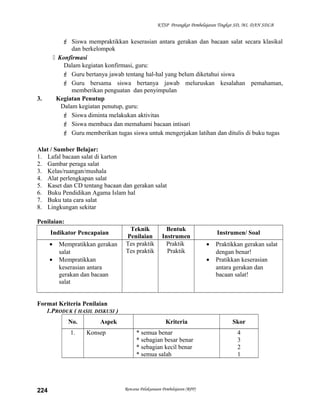 KTSP Perangkat Pembelajaran Tingkat SD, MI, DAN SDLB
 Siswa mempraktikkan keserasian antara gerakan dan bacaan salat secara klasikal
dan berkelompok
 Konfirmasi
Dalam kegiatan konfirmasi, guru:
 Guru bertanya jawab tentang hal-hal yang belum diketahui siswa
 Guru bersama siswa bertanya jawab meluruskan kesalahan pemahaman,
memberikan penguatan dan penyimpulan
3. Kegiatan Penutup
Dalam kegiatan penutup, guru:
 Siswa diminta melakukan aktivitas
 Siswa membaca dan memahami bacaan intisari
 Guru memberikan tugas siswa untuk mengerjakan latihan dan ditulis di buku tugas
Alat / Sumber Belajar:
1. Lafal bacaan salat di karton
2. Gambar peraga salat
3. Kelas/ruangan/mushala
4. Alat perlengkapan salat
5. Kaset dan CD tentang bacaan dan gerakan salat
6. Buku Pendidikan Agama Islam hal
7. Buku tata cara salat
8. Lingkungan sekitar
Penilaian:
Indikator Pencapaian
Teknik
Penilaian
Bentuk
Instrumen
Instrumen/ Soal
• Mempratikkan gerakan
salat
• Mempratikkan
keserasian antara
gerakan dan bacaan
salat
Tes praktik
Tes praktik
Praktik
Praktik
• Praktikkan gerakan salat
dengan benar!
• Pratikkan keserasian
antara gerakan dan
bacaan salat!
Format Kriteria Penilaian
1.PRODUK ( HASIL DISKUSI )
No. Aspek Kriteria Skor
1. Konsep * semua benar
* sebagian besar benar
* sebagian kecil benar
* semua salah
4
3
2
1
Rencana Pelaksanaan Pembelajaran (RPP)224
 