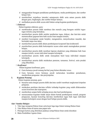 KTSP Perangkat Pembelajaran Tingkat SD, MI, DAN SDLB
 menggunakan beragam pendekatan pembelajaran, media pembelajaran, dan sumber
belajar lain;
 memfasilitasi terjadinya interaksi antarpeserta didik serta antara peserta didik
dengan guru, lingkungan, dan sumber belajar lainnya;
 melibatkan peserta didik secara aktif dalam setiap kegiatan pembelajaran;
 Elaborasi
Dalam kegiatan elaborasi, guru:
 membiasakan peserta didik membaca dan menulis yang beragam melalui tugas-
tugas tertentu yang bermakna;
 memfasilitasi peserta didik melalui pemberian tugas, diskusi, dan lain-lain untuk
memunculkan gagasan baru baik secara lisan maupun tertulis;
 memberi kesempatan untuk berpikir, menganalisis, menyelesaikan masalah, dan
bertindak tanpa rasa takut;
 memfasilitasi peserta didik dalam pembelajaran kooperatif dan kolaboratif;
 memfasilitasi peserta didik berkompetisi secara sehat untuk meningkatkan prestasi
belajar;
 memfasilitasi peserta didik membuat laporan eksplorasi yang dilakukan baik lisan
maupun tertulis, secara individual maupun kelompok;
 memfasilitasi peserta didik untuk menyajikan hasil kerja individual maupun
kelompok;
 memfasilitasi peserta didik melakukan pameran, turnamen, festival, serta produk
yang dihasilkan;
 Konfirmasi
Dalam kegiatan konfirmasi, guru:
 Guru bertanya jawab tentang hal-hal yang belum diketahui siswa
 Guru bersama siswa bertanya jawab meluruskan kesalahan pemahaman,
memberikan penguatan dan penyimpulan
3. Kegiatan Penutup
Dalam kegiatan penutup, guru:
 bersama-sama dengan peserta didik dan/atau sendiri membuat rangkuman/simpulan
pelajaran;
 melakukan penilaian dan/atau refleksi terhadap kegiatan yang sudah dilaksanakan
secara konsisten dan terprogram;
 memberikan umpan balik terhadap proses dan hasil pembelajaran;
 merencanakan kegiatan tindak lanjut dalam bentuk pembelajaran remedi, program
pengayaan, layanan konseling dan/atau memberikan tugas baik tugas individual
maupun kelompok sesuai dengan hasil belajar peserta didik;
Alat / Sumber Belajar:
1. Teks lagu mengenai Rukun Iman serta kaset lagu-lagu Islami tentang Rukun Iman
2. Teks Rukun Iman di karton atau papan tulis
3. Potongan karton yang dituliskan padanya setiap Rukun Iman untuk diurutkan
4. Buku Pendidikan Agama Islam
Rencana Pelaksanaan Pembelajaran (RPP)28
 