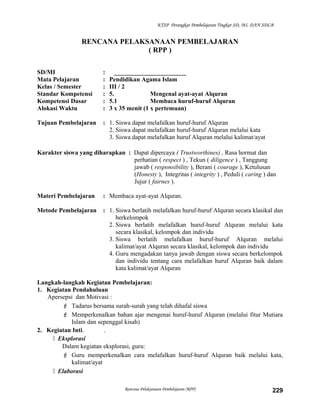KTSP Perangkat Pembelajaran Tingkat SD, MI, DAN SDLB
RENCANA PELAKSANAAN PEMBELAJARAN
( RPP )
SD/MI : _______________________
Mata Pelajaran : Pendidikan Agama Islam
Kelas / Semester : III / 2
Standar Kompetensi : 5. Mengenal ayat-ayat Alquran
Kompetensi Dasar : 5.1 Membaca huruf-huruf Alquran
Alokasi Waktu : 3 x 35 menit (1 x pertemuan)
Tujuan Pembelajaran : 1. Siswa dapat melafalkan huruf-huruf Alquran
2. Siswa dapat melafalkan huruf-huruf Alquran melalui kata
3. Siswa dapat melafalkan huruf Alquran melalui kalimat/ayat
Karakter siswa yang diharapkan : Dapat dipercaya ( Trustworthines) , Rasa hormat dan
perhatian ( respect ) , Tekun ( diligence ) , Tanggung
jawab ( responsibility ), Berani ( courage ), Ketulusan
(Honesty ), Integritas ( integrity ) , Peduli ( caring ) dan
Jujur ( fairnes ).
Materi Pembelajaran : Membaca ayat-ayat Alquran.
Metode Pembelajaran : 1. Siswa berlatih melafalkan huruf-huruf Alquran secara klasikal dan
berkelompok
2. Siswa berlatih melafalkan huruf-huruf Alquran melalui kata
secara klasikal, kelompok dan individu
3. Siswa berlatih melafalkan huruf-huruf Alquran melalui
kalimat/ayat Alquran secara klasikal, kelompok dan individu
4. Guru mengadakan tanya jawab dengan siswa secara berkelompok
dan individu tentang cara melafalkan huruf Alquran baik dalam
kata kalimat/ayat Alquran
Langkah-langkah Kegiatan Pembelajaran:
1. Kegiatan Pendahuluan
Apersepsi dan Motivasi :
 Tadarus bersama surah-surah yang telah dihafal siswa
 Memperkenalkan bahan ajar mengenai huruf-huruf Alquran (melalui fitur Mutiara
Islam dan sepenggal kisah)
2. Kegiatan Inti. .
 Eksplorasi
Dalam kegiatan eksplorasi, guru:
 Guru memperkenalkan cara melafalkan huruf-huruf Alquran baik melalui kata,
kalimat/ayat
 Elaborasi
Rencana Pelaksanaan Pembelajaran (RPP) 229
 