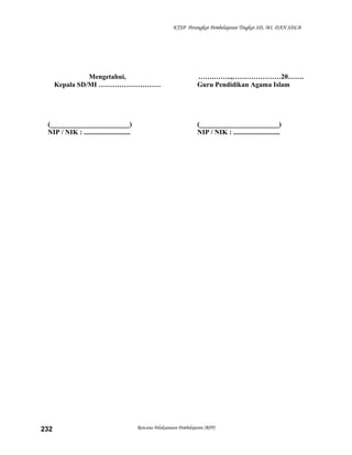 KTSP Perangkat Pembelajaran Tingkat SD, MI, DAN SDLB
Mengetahui,
Kepala SD/MI ………………………
(_______________________)
NIP / NIK : ...........................
…….……..,…………………20…….
Guru Pendidikan Agama Islam
(_______________________)
NIP / NIK : ...........................
Rencana Pelaksanaan Pembelajaran (RPP)232
 