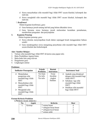 KTSP Perangkat Pembelajaran Tingkat SD, MI, DAN SDLB
 Siswa menyebutkan sifat mustahil bagi Allah SWT secara klasikal, kelompok dan
individu
 Siswa menghafal sifat mustahil bagi Allah SWT secara klasikal, kelompok dan
individu
 Konfirmasi
Dalam kegiatan konfirmasi, guru:
 Guru bertanya jawab tentang hal-hal yang belum diketahui siswa
 Guru bersama siswa bertanya jawab meluruskan kesalahan pemahaman,
memberikan penguatan dan penyimpulan
3. Kegiatan Penutup
Dalam kegiatan penutup, guru:
 Siswa diminta menyimpulkan kisah dalam sepenggal kisah menggunakan bahasa
sendiri
 Guru mendengarkan siswa mengulang penyebutan sifat mustahil bagi Allah SWT
secara klasikal dan berkelompok
Alat / Sumber Belajar:
1. Tulisan sifat mustahil bagi Allah SWT di karton atau papan tulis
2. Buku Pendidikan Agama Islam.
3. Buku-buku lain yang relevan
4. Pengalaman guru
5. Lingkungan sekitar
Penilaian:
Indikator Pencapaian
Teknik
Penilaian
Bentuk
Instrumen
Instrumen/ Soal
 Menjelaskan
pengertian sifat
mustahil bagi Allah
SWT
 Menyebutkan sifat
mustahil bagi Allah
SWT
 Menghafal sifat
mustahil bagi Allah
SWT
Tes lisan
Tes tulis
Tes tulis
Essay
Jawaban
singkat
Hafalan
 Apakah yang dimaksud
dengan sifat mustahil bagi
Allah SWT?
 Sebutkan tiga sifat
mustahil bagi Allah
SWT!
 Hafalkan sifat mustahil
bagi Allah SWT!
Format Kriteria Penilaian
1.PRODUK ( HASIL DISKUSI )
No. Aspek Kriteria Skor
1. Konsep * semua benar
* sebagian besar benar
* sebagian kecil benar
* semua salah
4
3
2
1
Rencana Pelaksanaan Pembelajaran (RPP)238
 