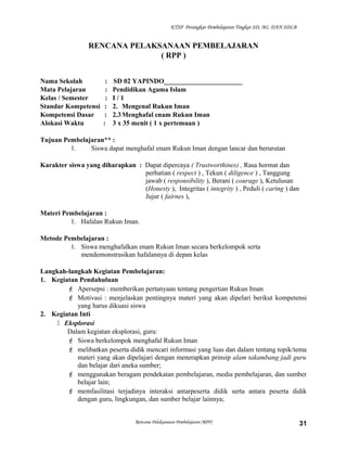 KTSP Perangkat Pembelajaran Tingkat SD, MI, DAN SDLB
RENCANA PELAKSANAAN PEMBELAJARAN
( RPP )
Nama Sekolah : SD 02 YAPINDO_______________________
Mata Pelajaran : Pendidikan Agama Islam
Kelas / Semester : I / 1
Standar Kompetensi : 2. Mengenal Rukun Iman
Kompetensi Dasar : 2.3Menghafal enam Rukun Iman
Alokasi Waktu : 3 x 35 menit ( 1 x pertemuan )
Tujuan Pembelajaran** :
1. Siswa dapat menghafal enam Rukun Iman dengan lancar dan berurutan
Karakter siswa yang diharapkan : Dapat dipercaya ( Trustworthines) , Rasa hormat dan
perhatian ( respect ) , Tekun ( diligence ) , Tanggung
jawab ( responsibility ), Berani ( courage ), Ketulusan
(Honesty ), Integritas ( integrity ) , Peduli ( caring ) dan
Jujur ( fairnes ),
Materi Pembelajaran :
1. Hafalan Rukun Iman.
Metode Pembelajaran :
1. Siswa menghafalkan enam Rukun Iman secara berkelompok serta
mendemonstrasikan hafalannya di depan kelas
Langkah-langkah Kegiatan Pembelajaran:
1. Kegiatan Pendahuluan
 Apersepsi : memberikan pertanyaan tentang pengertian Rukun Iman
 Motivasi : menjelaskan pentingnya materi yang akan dipelari berikut kompetensi
yang harus dikuasi siswa
2. Kegiatan Inti
 Eksplorasi
Dalam kegiatan eksplorasi, guru:
 Siswa berkelompok menghafal Rukun Iman
 melibatkan peserta didik mencari informasi yang luas dan dalam tentang topik/tema
materi yang akan dipelajari dengan menerapkan prinsip alam takambang jadi guru
dan belajar dari aneka sumber;
 menggunakan beragam pendekatan pembelajaran, media pembelajaran, dan sumber
belajar lain;
 memfasilitasi terjadinya interaksi antarpeserta didik serta antara peserta didik
dengan guru, lingkungan, dan sumber belajar lainnya;
Rencana Pelaksanaan Pembelajaran (RPP) 31
 