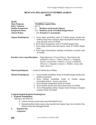 KTSP Perangkat Pembelajaran Tingkat SD, MI, DAN SDLB
RENCANA PELAKSANAAN PEMBELAJARAN
(RPP)
SD/MI : ____________________
Mata Pelajaran : Pendidikan Agama Islam
Kelas / Semester : IV / 1
Standar Kompetensi : 1. Membaca surah-surah Alquran
Kompetensi Dasar : 1.1 Membaca surah Al Fatihah dengan lancar
Alokasi Waktu : 6 × 35 menit (2 × pertemuan)
Tujuan Pembelajaran : 1. Siswa dapat melafalkan surah Al Fatihah dengan harakat dan
makhraj yang benar sekaligus dapat menetapkan hukum bacaan
yang ada pada surah Al Fatihah
2. Siswa dapat mengartikan surah Al Fatihah dengan benar
3. Siswa dapat menulis kata dan kalimat surah Al Fatihah dengan
benar
4. Siswa dapat menyebutkan sekaligus memahami isi pokok surah
Al Fatihah
Karakter siswa yang diharapkan : Dapat dipercaya ( Trustworthines) , Rasa hormat dan
perhatian ( respect ) , Tekun ( diligence ) , Tanggung
jawab ( responsibility ), Berani ( courage ), Ketulusan
(Honesty ), Integritas ( integrity ) , Peduli ( caring ) dan
Jujur ( fairnes ).
Materi pembelajaran : Surah Al Fatihah dan Al Ikhlas.
Metode Pembelajaran : 1. Siswa berlatih melafalkan Surah Al Fatihah dengan harakat dan
makhraj yang benar
2. Siswa berlatih melafalkan Surah Al Fatihah dengan
menerapkan hukum bacaan yang benar
3. Siswa berlatih mengartikan Surah Al Fatihah
4. Siswa berlatih menulis kata dan kalimat Surah Al Fatihah
5. Siswa Mengadakan diskusi dengan teman-temannya mengkaji
isi pokok Surah Al Fatihah
Langkah-langkah Kegiatan Pembelajaran:
1. Kegiatan Pendahuluan
Apersepsi dan Motivasi :
 Tadarus bersama surah-surah yang telah dihafal siswa
 Memperkenalkan bahan ajaran yang menarik dan berguna bagi siswa (melalui fitur
Mutiara Islam dan Sepenggal Kisah)
2. Kegiatan Inti.
 Eksplorasi
Rencana Pelaksanaan Pembelajaran (RPP)268
 