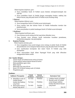 KTSP Perangkat Pembelajaran Tingkat SD, MI, DAN SDLB
Dalam kegiatan eksplorasi, guru:
 Siswa melafalkan Surah Al Fatihah secara klasikal, kelompok-kelompok dan
individu
 Siswa melafalkan Surah Al Fatihah dengan menerapkan harakat, makhraj dan
hukum bacaan yang ada pada Surah Al Fatihah secara berulang-ulang
 Elaborasi
Dalam kegiatan elaborasi, guru:
 Siswa mengartikan Surah Al Fatihah secara berkelompok
 Siswa menulis kata dan kalimat Surah Al Fatihah berdasarkan instruksi dan
penjelasan guru
 Siswa menyebutkan isi pokok kandungan Surah Al Fatihah secara kelompok
 Konfirmasi
Dalam kegiatan konfirmasi, guru:
 Guru bertanya jawab tentang hal-hal yang belum diketahui siswa
 Guru bersama siswa bertanya jawab meluruskan kesalahan pemahaman,
memberikan penguatan dan penyimpulan
3. Kegiatan Penutup
Dalam kegiatan penutup, guru:
 Guru mengadakan tanya jawab dengan siswa tentang isi pokok Surah Al Fatihah
dan pemahaman siswa mengenai hukum bacaan yang ada pada Surah Al Fatihah
 Guru membacakan kesimpulan dari materi Surah Al Fatihah yang telah
disampaikan
 Siswa menceritakan kisah dalam Sepenggal Kisah yang telah dibacakan
menggunakan bahasa sendiri
Alat / Sumber Belajar:
1. Tulisan Surah Al Fatihah beserta artinya di karton
2. Tulisan definisi hukum-hukum bacaan di karton
3. Buku pendidikan agam islam.
4. Buku Tajwid
5. Buku-buku lain yang relevan
6. Kaset/ CD Al Quran tentang surah Al Fatihah
7. Pengalaman guru
Penilaian:
Indikator Pencapaian
Teknik
Penilaian
Bentuk
Instrumen
Instrumen/ Soal
 Melafalkan surah Al
Fatihah dengan
harakat dan makhraj
yang benar
 Menerapkan hukum
bacaan yang ada di
Tes lisan
Tes lisan
Tes tulis
Pelafalan
Pelafalan
Jawaban
singkat
1. Lafalkan Surah Al Fatihah
2. Bacalah surah Al Fatihah
sesuai dengan makhraj
harakat dan hukum bacaan
yang benar!
3. Apa arti
Rencana Pelaksanaan Pembelajaran (RPP) 269
 