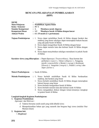 KTSP Perangkat Pembelajaran Tingkat SD, MI, DAN SDLB
RENCANA PELAKSANAAN PEMBELAJARAN
(RPP)
SD/MI : ____________________
Mata Pelajaran : Pendidikan Agama Islam
Kelas / Semester : IV/ 1
Standar Kompetensi : 1. Membaca surah Alquran
Kompetensi Dasar : 1.2 Membaca Surah Al Ikhlas dengan lancar
Alokasi Waktu : 6 × 35 menit (2 × pertemuan)
Tujuan Pembelajaran : 1. Siswa dapat melafalkan Surah Al Ikhlas dengan harakat dan
makhraj yang benar sekaligus dapat menerapkan hukum bacaan
yang ada pada Surah Al Ikhlas
2. Siswa dapat mengartikan Surah Al Ikhlas dengan benar
3. Siswa dapat menulis kata dan kalimat Surah Al Ikhlas dengan
benar
4. Siswa dapat menyebutkan sekaligus memahami isi pokok Surah
Al Ikhlas
Karakter siswa yang diharapkan : Dapat dipercaya ( Trustworthines) , Rasa hormat dan
perhatian ( respect ) , Tekun ( diligence ) , Tanggung
jawab ( responsibility ), Berani ( courage ), Ketulusan
(Honesty ), Integritas ( integrity ) , Peduli ( caring ) dan
Jujur ( fairnes ).
Materi Pembelajaran : Surah Al Ikhlas.
Metode Pembelajaran : 1. Siswa berlatih melafalkan Surah Al Ikhlas berdasarkan
makhraj, dan harakat yang benar
1. Siswa berlatih melafalkan Surah Al Ikhlas dengan menerapkan
hukum bacaan yang benar
2. Siswa berlatih mengartikan Surah Al Ikhlas
3. Siswa berlatih menulis kata dan kalimat surah Al Ikhlas
4. Siswa mengadakan diskusi dengan teman-temannya mengkaji
isi pokok Surah Al Ikhlas
Langkah-langkah Kegiatan Pembelajaran:
1. Kegiatan Pendahuluan
Apersepsi dan Motivasi :
 Tadarus bersama surah-surah yang telah dihafal siswa
 Memperkenalkan bahan ajar yang menarik dan berguna bagi siswa (melalui fitur
Mutiara Islam)
2. Kegiatan Inti.
 Eksplorasi
Rencana Pelaksanaan Pembelajaran (RPP)272
 