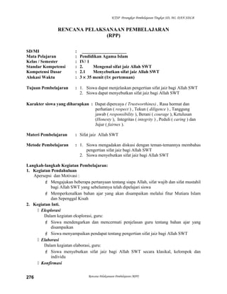 KTSP Perangkat Pembelajaran Tingkat SD, MI, DAN SDLB
RENCANA PELAKSANAAN PEMBELAJARAN
(RPP)
SD/MI : ____________________
Mata Pelajaran : Pendidikan Agama Islam
Kelas / Semester : IV/ 1
Standar Kompetensi : 2. Mengenal sifat jaiz Allah SWT
Kompetensi Dasar : 2.1 Menyebutkan sifat jaiz Allah SWT
Alokasi Waktu : 3 × 35 menit (1× pertemuan)
Tujuan Pembelajaran : 1. Siswa dapat menjelaskan pengertian sifat jaiz bagi Allah SWT
2. Siswa dapat menyebutkan sifat jaiz bagi Allah SWT
Karakter siswa yang diharapkan : Dapat dipercaya ( Trustworthines) , Rasa hormat dan
perhatian ( respect ) , Tekun ( diligence ) , Tanggung
jawab ( responsibility ), Berani ( courage ), Ketulusan
(Honesty ), Integritas ( integrity ) , Peduli ( caring ) dan
Jujur ( fairnes ).
Materi Pembelajaran : Sifat jaiz Allah SWT
Metode Pembelajaran : 1. Siswa mengadakan diskusi dengan teman-temannya membahas
pengertian sifat jaiz bagi Allah SWT
2. Siswa menyebutkan sifat jaiz bagi Allah SWT
Langkah-langkah Kegiatan Pembelajaran:
1. Kegiatan Pendahuluan
Apersepsi dan Motivasi :
 Mengajukan beberapa pertanyaan tentang siapa Allah, sifat wajib dan sifat mustahil
bagi Allah SWT yang sebelumnya telah dipelajari siswa
 Memperkenalkan bahan ajar yang akan disampaikan melalui fitur Mutiara Islam
dan Sepenggal Kisah
2. Kegiatan Inti.
 Eksplorasi
Dalam kegiatan eksplorasi, guru:
 Siswa mendengarkan dan mencermati penjelasan guru tentang bahan ajar yang
disampaikan
 Siswa menyampaikan pendapat tentang pengertian sifat jaiz bagi Allah SWT
 Elaborasi
Dalam kegiatan elaborasi, guru:
 Siswa menyebutkan sifat jaiz bagi Allah SWT secara klasikal, kelompok dan
individu
 Konfirmasi
Rencana Pelaksanaan Pembelajaran (RPP)276
 