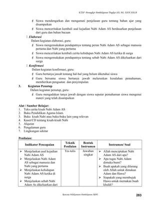 KTSP Perangkat Pembelajaran Tingkat SD, MI, DAN SDLB
 Siswa mendengarkan dan mengamati penjelasan guru tentang bahan ajar yang
disampaikan
 Siswa menceritakan kembali asal kejadian Nabi Adam AS berdasarkan penjelasan
dari guru dan bahan bacaan
 Elaborasi
Dalam kegiatan elaborasi, guru:
 Siswa mengemukakan pendapatnya tentang peran Nabi Adam AS sebagai manusia
pertama dan Nabi yang pertama
 Siswa menceritakan kembali cerita kehidupan Nabi Adam AS ketika di surga
 Siswa mengemukakan pendapatnya tentang sebab Nabi Adam AS dikeluarkan dari
surga
 Konfirmasi
Dalam kegiatan konfirmasi, guru:
 Guru bertanya jawab tentang hal-hal yang belum diketahui siswa
 Guru bersama siswa bertanya jawab meluruskan kesalahan pemahaman,
memberikan penguatan dan penyimpulan
3. Kegiatan Penutup
Dalam kegiatan penutup, guru:
 Guru mengadakan tanya jawab dengan siswa seputar pemahaman siswa mengenai
materi yang telah disampaikan
Alat / Sumber Belajar:
1. Teks cerita kisah Nabi Adam AS
2. Buku Pendidikan Agama Islam.
3. Buku kisah Nabi atau buku-buku lain yang relevan
4. Kaset/CD tentang kisah-kisah Nabi
5. Alquran
6. Pengalaman guru
7. Lingkungan sekitar
Penilaian:
Indikator Pencapaian
Teknik
Penilaian
Bentuk
Instrumen
Instrumen/ Soal
 Menjelaskan asal kejadian
Nabi Adam AS
 Menjelaskan Nabi Adam
AS sebagai manusia dan
Nabi yang pertama
 Menjelaskan kehidupan
Nabi Adam AS ketika di
surga
 Menjelaskan sebab Nabi
Adam As dikeluarkan dari
Tes tulis Jawaban
singkat
 Allah menciptakan Nabi
Adam AS dari apa?
 Apa tugas Nabi Adam
dimuka bumi?
 Buah apakah yang dilarang
oleh Allah untuk dimakan
Adam dan Hawa?
 Siapakah yang membujuk
Hawa untuk memakan buah
khuldi?
Rencana Pelaksanaan Pembelajaran (RPP) 283
 