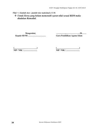 KTSP Perangkat Pembelajaran Tingkat SD, MI, DAN SDLB
Nilai = ( Jumlah skor : jumlah skor maksimal ) X 10.
 Untuk Siswa yang belum memenuhi syarat nilai sesuai KKM maka
diadakan Remedial.
Mengetahui,
Kepala SD/MI ………………………
(_______________________)
NIP / NIK : ...........................
…….……..,…………………20…….
Guru Pendidikan Agama Islam
(_______________________)
NIP / NIK : ...........................
Rencana Pelaksanaan Pembelajaran (RPP)34
 