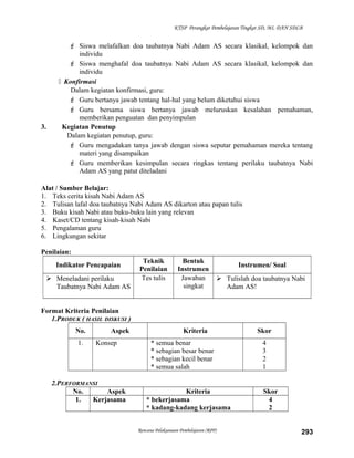 KTSP Perangkat Pembelajaran Tingkat SD, MI, DAN SDLB
 Siswa melafalkan doa taubatnya Nabi Adam AS secara klasikal, kelompok dan
individu
 Siswa menghafal doa taubatnya Nabi Adam AS secara klasikal, kelompok dan
individu
 Konfirmasi
Dalam kegiatan konfirmasi, guru:
 Guru bertanya jawab tentang hal-hal yang belum diketahui siswa
 Guru bersama siswa bertanya jawab meluruskan kesalahan pemahaman,
memberikan penguatan dan penyimpulan
3. Kegiatan Penutup
Dalam kegiatan penutup, guru:
 Guru mengadakan tanya jawab dengan siswa seputar pemahaman mereka tentang
materi yang disampaikan
 Guru memberikan kesimpulan secara ringkas tentang perilaku taubatnya Nabi
Adam AS yang patut diteladani
Alat / Sumber Belajar:
1. Teks cerita kisah Nabi Adam AS
2. Tulisan lafal doa taubatnya Nabi Adam AS dikarton atau papan tulis
3. Buku kisah Nabi atau buku-buku lain yang relevan
4. Kaset/CD tentang kisah-kisah Nabi
5. Pengalaman guru
6. Lingkungan sekitar
Penilaian:
Indikator Pencapaian
Teknik
Penilaian
Bentuk
Instrumen
Instrumen/ Soal
 Meneladani perilaku
Taubatnya Nabi Adam AS
Tes tulis Jawaban
singkat
 Tulislah doa taubatnya Nabi
Adam AS!
Format Kriteria Penilaian
1.PRODUK ( HASIL DISKUSI )
No. Aspek Kriteria Skor
1. Konsep * semua benar
* sebagian besar benar
* sebagian kecil benar
* semua salah
4
3
2
1
2.PERFORMANSI
No. Aspek Kriteria Skor
1. Kerjasama * bekerjasama
* kadang-kadang kerjasama
4
2
Rencana Pelaksanaan Pembelajaran (RPP) 293
 