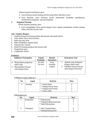 KTSP Perangkat Pembelajaran Tingkat SD, MI, DAN SDLB
Dalam kegiatan konfirmasi, guru:
 Guru bertanya jawab tentang hal-hal yang belum diketahui siswa
 Guru bersama siswa bertanya jawab meluruskan kesalahan pemahaman,
memberikan penguatan dan penyimpulan
3. Kegiatan Penutup
Dalam kegiatan penutup, guru:
 Guru mengadakan tanya jawab dengan siswa seputar pemahaman mereka tentang
rukun salat dan bacaan salat
Alat / Sumber Belajar:
1. Gambar peraga keserasian gerakan dan bacaan salat pada karton
2. Tulis rukun-rukun salat di karton
3. Buku tata cara salat
4. Buku Pendidikan Agama Islam.
5. Alquran (Juz Amma)
6. Kaset/CD tentang gerakan dan bacaan salat
7. Pengalaman guru
8. Lingkungan sekitar
Penilaian:
Indikator Pencapaian Teknik
Penilaian
Bentuk
Instrumen
Instrumen/ Soal
 Menjelaskan pengertian
rukun salat
 Menunjukkan bacaan
salat dengan benar
Tes tulis
Tes tulis
Essay
Jawaban
singkat
1. Apakah yang dimaksud
dengan rukun salat?
2. Sebutkan bacaan-bacaan
salat dengan berurutan!
1.PRODUK ( HASIL DISKUSI )
No. Aspek Kriteria Skor
1. Konsep * semua benar
* sebagian besar benar
* sebagian kecil benar
* semua salah
4
3
2
1
2.PERFORMANSI
No. Aspek Kriteria Skor
1.
2.
Kerjasama
Partisipasi
* bekerjasama
* kadang-kadang kerjasama
* tidak bekerjasama
* aktif berpartisipasi
* kadang-kadang aktif
4
2
1
4
2
Rencana Pelaksanaan Pembelajaran (RPP)300
 