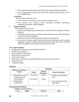 KTSP Perangkat Pembelajaran Tingkat SD, MI, DAN SDLB
 Siswa mengamati gambar peraga dalam buku dan mengemukakan pendapatnya
 Siswa mengemukakan hal-hal yang tidak boleh berkaitan dengan bahan ajar dan
cara menghindarinya
 Konfirmasi
Dalam kegiatan konfirmasi, guru:
 Guru bertanya jawab tentang hal-hal yang belum diketahui siswa
 Guru bersama siswa bertanya jawab meluruskan kesalahan pemahaman,
memberikan penguatan dan penyimpulan
3. Kegiatan Penutup
Dalam kegiatan penutup, guru:
 bersama-sama dengan peserta didik dan/atau sendiri membuat rangkuman/simpulan
pelajaran;
 melakukan penilaian dan/atau refleksi terhadap kegiatan yang sudah dilaksanakan
secara konsisten dan terprogram;
 memberikan umpan balik terhadap proses dan hasil pembelajaran;
 merencanakan kegiatan tindak lanjut dalam bentuk pembelajaran remedi, program
pengayaan, layanan konseling dan/atau memberikan tugas baik tugas individual
maupun kelompok sesuai dengan hasil belajar peserta didik;
Alat / Sumber Belajar:
1. Gambar-gambar peraga yang mencerminkan sifat jujur
2. Perilaku siswa yang jujur
3. Buku Pendidikan Agama Islam
5. Buku-buku lain yang relevan
6. Alquran (juz Amma)
7. Kaset dan CD Alquran atau peralatan teknologi dan komunikasi yang relevan
8. Pengalaman guru
9. Lingkungan sekitar
Penilaian:
Indikator Pencapaian
Target
Penilaian
Teknik
Bentuk
Instrumen
Contoh Instrumen
 Menunjukkan contoh
perilaku jujur dan
keuntungannya
 Membiasakan
perilaku jujur
Tes Tertulis
Tes Tertulis
Uraian
Uraian
 Berikan contoh perilaku
jujur!
 Apa yang diperoleh jika
kamu jujur?
Format Kriteria Penilaian
1. PRODUK ( HASIL DISKUSI )
No. Aspek Kriteria Skor
Rencana Pelaksanaan Pembelajaran (RPP)36
 