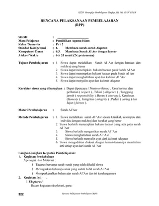 KTSP Perangkat Pembelajaran Tingkat SD, MI, DAN SDLB
RENCANA PELAKSANAAN PEMBELAJARAN
(RPP)
SD/MI : ____________________
Mata Pelajaran : Pendidikan Agama Islam
Kelas / Semester : IV / 2
Standar Kompetensi : 6. Membaca surah-surah Alquran
Kompetensi Dasar : 6.3 Mambaca Surah Al Asr dengan lancar
Alokasi Waktu : 6 × 35 menit (2× pertemuan)
Tujuan Pembelajaran : 1. Siswa dapat melafalkan Surah Al Asr dengan harakat dan
makhraj yang benar
2. Siswa dapat menerapkan hukum bacaan pada Surah Al Asr
3. Siswa dapat menerapkan hukum bacaan pada Surah Al Asr
4. Siswa dapat menghafalkan ayat dan kalimat Al ’Asr
5. Siswa dapat menyalin ayat dan kalimat Alquran
Karakter siswa yang diharapkan : Dapat dipercaya ( Trustworthines) , Rasa hormat dan
perhatian ( respect ) , Tekun ( diligence ) , Tanggung
jawab ( responsibility ), Berani ( courage ), Ketulusan
(Honesty ), Integritas ( integrity ) , Peduli ( caring ) dan
Jujur ( fairnes ).
Materi Pembelajaran : Surah Al’Asr
Metode Pembelajaran : 1. Siswa melafalkan surah Al ’Asr secara klasikal, kelompok dan
individu dengan makhraj dan harakat yang benar
2. Siswa berlatih menerapkan hukum bacaan yang ada pada surah
Al ’Asr
3. Siswa berlatih mengartikan surah Al ’Asr
4. Siswa menghafalkan surah Al ’Asr
5. Siswa berlatih menyalin ayat dari kalimat Alquran
6. Siswa mengadakan diskusi dengan teman-temannya membahas
arti setiap ayat dari surah Al ’Asr
Langkah-langkah Kegiatan Pembelajaran:
1. Kegiatan Pendahuluan
Apersepsi dan Motivasi :
 Tadarus bersama surah-surah yang telah dihafal siswa
 Menugaskan beberapa anak yang sudah hafal surah Al’Asr
 Memperkenalkan bahan ajar surah Al’Asr dan isi kandungannya
2. Kegiatan Inti .
 Eksplorasi
Dalam kegiatan eksplorasi, guru:
Rencana Pelaksanaan Pembelajaran (RPP)322
 
