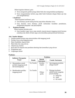 KTSP Perangkat Pembelajaran Tingkat SD, MI, DAN SDLB
Dalam kegiatan elaborasi, guru:
 Siswa mengamati gambar peraga dalam buku dan mengemukakan pendapatnya
 Siswa mengemukakan hal-hal yang tidak boleh berkaitan dengan bahan ajar dan
cara menghindarinya
 Konfirmasi
Dalam kegiatan konfirmasi, guru:
 Guru bertanya jawab tentang hal-hal yang belum diketahui siswa
 Guru bersama siswa bertanya jawab meluruskan kesalahan pemahaman,
memberikan penguatan dan penyimpulan
3. Kegiatan Penutup
Dalam kegiatan penutup, guru:
 Guru memberi tugas siswa yang menulis macam-macam tanggung jawab bersama
contohnya dan ditulis di buku tugas serta diserahkan pada pertemuan berikutnya.
Alat / Sumber Belajar:
1. Gambar-gambar peraga yang mencerminkan sifat tanggung jawab
2. Perilaku siswa yang tanggung jawab
3. Buku Pendidikan Agama Islam
5. Buku-buku lain yang relevan
6. Alquran (juz Amma)
7. Kaset dan CD Alquran atau peralatan teknologi dan komunikasi yang relevan
8. Pengalaman guru
9. Lingkungan sekitar
Penilaian:
Indikator Pencapaian
Target
Penilaian
Teknik
Bentuk
Instrumen
Contoh Instrumen
 Menunjukkan contoh
perilaku tanggung jawab
dan keuntungannya
 Membiasakan perilaku
tanggung jawab
Tes Tertulis
Tes Tertulis
Jawaban
singkat
Pilihan
ganda
1. Apa tanggung jawabmu
sebagai murid?
2. Menjaga kesehatan
adalah bentuk tanggung
jawab terhadap ….
a) orang lain
b) Allah
c) diri sendiri
Rencana Pelaksanaan Pembelajaran (RPP) 39
 