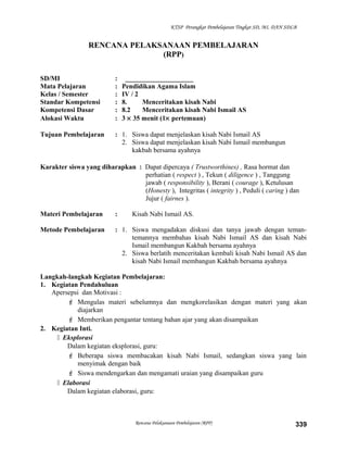KTSP Perangkat Pembelajaran Tingkat SD, MI, DAN SDLB
RENCANA PELAKSANAAN PEMBELAJARAN
(RPP)
SD/MI : ____________________
Mata Pelajaran : Pendidikan Agama Islam
Kelas / Semester : IV / 2
Standar Kompetensi : 8. Menceritakan kisah Nabi
Kompetensi Dasar : 8.2 Menceritakan kisah Nabi Ismail AS
Alokasi Waktu : 3 × 35 menit (1× pertemuan)
Tujuan Pembelajaran : 1. Siswa dapat menjelaskan kisah Nabi Ismail AS
2. Siswa dapat menjelaskan kisah Nabi Ismail membangun
kakbah bersama ayahnya
Karakter siswa yang diharapkan : Dapat dipercaya ( Trustworthines) , Rasa hormat dan
perhatian ( respect ) , Tekun ( diligence ) , Tanggung
jawab ( responsibility ), Berani ( courage ), Ketulusan
(Honesty ), Integritas ( integrity ) , Peduli ( caring ) dan
Jujur ( fairnes ).
Materi Pembelajaran : Kisah Nabi Ismail AS.
Metode Pembelajaran : 1. Siswa mengadakan diskusi dan tanya jawab dengan teman-
temannya membahas kisah Nabi Ismail AS dan kisah Nabi
Ismail membangun Kakbah bersama ayahnya
2. Siswa berlatih menceritakan kembali kisah Nabi Ismail AS dan
kisah Nabi Ismail membangun Kakbah bersama ayahnya
Langkah-langkah Kegiatan Pembelajaran:
1. Kegiatan Pendahuluan
Apersepsi dan Motivasi :
 Mengulas materi sebelumnya dan mengkorelasikan dengan materi yang akan
diajarkan
 Memberikan pengantar tentang bahan ajar yang akan disampaikan
2. Kegiatan Inti.
 Eksplorasi
Dalam kegiatan eksplorasi, guru:
 Beberapa siswa membacakan kisah Nabi Ismail, sedangkan siswa yang lain
menyimak dengan baik
 Siswa mendengarkan dan mengamati uraian yang disampaikan guru
 Elaborasi
Dalam kegiatan elaborasi, guru:
Rencana Pelaksanaan Pembelajaran (RPP) 339
 