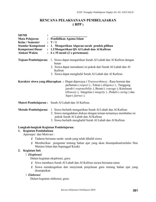 KTSP Perangkat Pembelajaran Tingkat SD, MI, DAN SDLB
RENCANA PELAKSANAAN PEMBELAJARAN
( RPP )
SD/MI : _______________________
Mata Pelajaran : Pendidikan Agama Islam
Kelas / Semester : V / 1
Standar Kompetensi : 1. Mengartikan Alquran surah pendek pilihan
Kompetensi Dasar : 1.2Mengartikan QS Al Lahab dan Al Kafirun
Alokasi Waktu : 6 x 35 menit (2 x pertemuan)
Tujuan Pembelajaran: 1. Siswa dapat mengartikan Surah Al Lahab dan Al Kafirun dengan
benar
2. Siswa dapat memahami isi pokok dari Surah Al Lahab dan Al
Kafirun
3. Siswa dapat menghafal Surah Al Lahab dan Al Kafirun
Karakter siswa yang diharapkan : Dapat dipercaya ( Trustworthines) , Rasa hormat dan
perhatian ( respect ) , Tekun ( diligence ) , Tanggung
jawab ( responsibility ), Berani ( courage ), Ketulusan
(Honesty ), Integritas ( integrity ) , Peduli ( caring ) dan
Jujur ( fairnes ).
Materi Pembelajaran : Surah Al Lahab dan Al Kafirun.
Metode Pembelajaran: 1. Siswa berlatih mengartikan Surah Al Lahab dan Al Kafirun
2. Siswa mengadakan diskusi dengan teman-temannya membahas isi
pokok Surah Al Lahab dan Al Kafirun
3. Siswa berlatih menghafal Surah Al Lahab dan Al Kafirun
Langkah-langkah Kegiatan Pembelajaran:
1. Kegiatan Pendahuluan
Apersepsi dan Motivasi :
 Tadarus bersama surah- surah yang telah dihafal siswa
 Memberikan pengantar tentang bahan ajar yang akan disampaikan(melalui fitur
Mutiara Islam dan Sepenggal Kisah)
2. Kegiatan Inti.
 Eksplorasi
Dalam kegiatan eksplorasi, guru:
 Siwa membaca Surah Al Lahab dan Al Kafirun secara bersama-sama
 Siswa mendengarkan dan menyimak penjelasan guru tentang bahan ajar yang
disampaikan
 Elaborasi
Dalam kegiatan elaborasi, guru:
Rencana Pelaksanaan Pembelajaran (RPP) 361
 