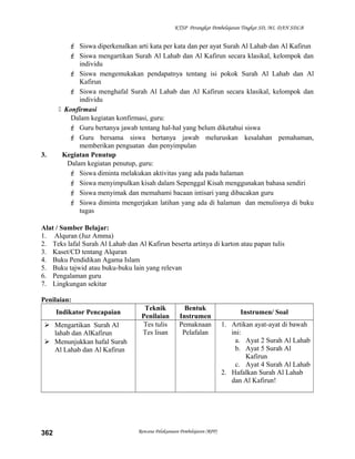 KTSP Perangkat Pembelajaran Tingkat SD, MI, DAN SDLB
 Siswa diperkenalkan arti kata per kata dan per ayat Surah Al Lahab dan Al Kafirun
 Siswa mengartikan Surah Al Lahab dan Al Kafirun secara klasikal, kelompok dan
individu
 Siswa mengemukakan pendapatnya tentang isi pokok Surah Al Lahab dan Al
Kafirun
 Siswa menghafal Surah Al Lahab dan Al Kafirun secara klasikal, kelompok dan
individu
 Konfirmasi
Dalam kegiatan konfirmasi, guru:
 Guru bertanya jawab tentang hal-hal yang belum diketahui siswa
 Guru bersama siswa bertanya jawab meluruskan kesalahan pemahaman,
memberikan penguatan dan penyimpulan
3. Kegiatan Penutup
Dalam kegiatan penutup, guru:
 Siswa diminta melakukan aktivitas yang ada pada halaman
 Siswa menyimpulkan kisah dalam Sepenggal Kisah menggunakan bahasa sendiri
 Siswa menyimak dan memahami bacaan intisari yang dibacakan guru
 Siswa diminta mengerjakan latihan yang ada di halaman dan menulisnya di buku
tugas
Alat / Sumber Belajar:
1. Alquran (Juz Amma)
2. Teks lafal Surah Al Lahab dan Al Kafirun beserta artinya di karton atau papan tulis
3. Kaset/CD tentang Alquran
4. Buku Pendidikan Agama Islam
5. Buku tajwid atau buku-buku lain yang relevan
6. Pengalaman guru
7. Lingkungan sekitar
Penilaian:
Indikator Pencapaian
Teknik
Penilaian
Bentuk
Instrumen
Instrumen/ Soal
 Mengartikan Surah Al
lahab dan AlKafirun
 Menunjukkan hafal Surah
Al Lahab dan Al Kafirun
Tes tulis
Tes lisan
Pemaknaan
Pelafalan
1. Artikan ayat-ayat di bawah
ini:
a. Ayat 2 Surah Al Lahab
b. Ayat 5 Surah Al
Kafirun
c. Ayat 4 Surah Al Lahab
2. Hafalkan Surah Al Lahab
dan Al Kafirun!
Rencana Pelaksanaan Pembelajaran (RPP)362
 