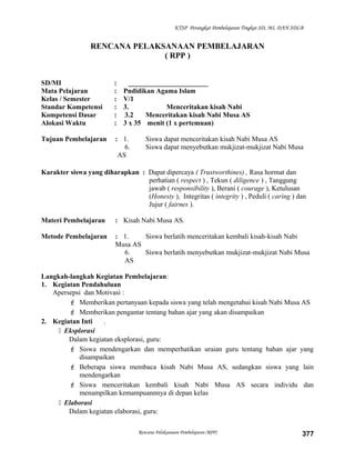 KTSP Perangkat Pembelajaran Tingkat SD, MI, DAN SDLB
RENCANA PELAKSANAAN PEMBELAJARAN
( RPP )
SD/MI : _______________________
Mata Pelajaran : Pndidikan Agama Islam
Kelas / Semester : V/1
Standar Kompetensi : 3. Menceritakan kisah Nabi
Kompetensi Dasar : 3.2 Menceritakan kisah Nabi Musa AS
Alokasi Waktu : 3 x 35 menit (1 x pertemuan)
Tujuan Pembelajaran : 1. Siswa dapat menceritakan kisah Nabi Musa AS
6. Siswa dapat menyebutkan mukjizat-mukjizat Nabi Musa
AS
Karakter siswa yang diharapkan : Dapat dipercaya ( Trustworthines) , Rasa hormat dan
perhatian ( respect ) , Tekun ( diligence ) , Tanggung
jawab ( responsibility ), Berani ( courage ), Ketulusan
(Honesty ), Integritas ( integrity ) , Peduli ( caring ) dan
Jujur ( fairnes ).
Materi Pembelajaran : Kisah Nabi Musa AS.
Metode Pembelajaran : 1. Siswa berlatih menceritakan kembali kisah-kisah Nabi
Musa AS
6. Siswa berlatih menyebutkan mukjizat-mukjizat Nabi Musa
AS
Langkah-langkah Kegiatan Pembelajaran:
1. Kegiatan Pendahuluan
Apersepsi dan Motivasi :
 Memberikan pertanyaan kepada siswa yang telah mengetahui kisah Nabi Musa AS
 Memberikan pengantar tentang bahan ajar yang akan disampaikan
2. Kegiatan Inti .
 Eksplorasi
Dalam kegiatan eksplorasi, guru:
 Siswa mendengarkan dan memperhatikan uraian guru tentang bahan ajar yang
disampaikan
 Beberapa siswa membaca kisah Nabi Musa AS, sedangkan siswa yang lain
mendengarkan
 Siswa menceritakan kembali kisah Nabi Musa AS secara individu dan
menampilkan kemampuannnya di depan kelas
 Elaborasi
Dalam kegiatan elaborasi, guru:
Rencana Pelaksanaan Pembelajaran (RPP) 377
 