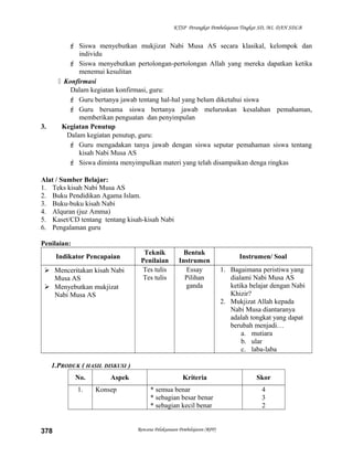 KTSP Perangkat Pembelajaran Tingkat SD, MI, DAN SDLB
 Siswa menyebutkan mukjizat Nabi Musa AS secara klasikal, kelompok dan
individu
 Siswa menyebutkan pertolongan-pertolongan Allah yang mereka dapatkan ketika
menemui kesulitan
 Konfirmasi
Dalam kegiatan konfirmasi, guru:
 Guru bertanya jawab tentang hal-hal yang belum diketahui siswa
 Guru bersama siswa bertanya jawab meluruskan kesalahan pemahaman,
memberikan penguatan dan penyimpulan
3. Kegiatan Penutup
Dalam kegiatan penutup, guru:
 Guru mengadakan tanya jawab dengan siswa seputar pemahaman siswa tentang
kisah Nabi Musa AS
 Siswa diminta menyimpulkan materi yang telah disampaikan denga ringkas
Alat / Sumber Belajar:
1. Teks kisah Nabi Musa AS
2. Buku Pendidikan Agama Islam.
3. Buku-buku kisah Nabi
4. Alquran (juz Amma)
5. Kaset/CD tentang tentang kisah-kisah Nabi
6. Pengalaman guru
Penilaian:
Indikator Pencapaian
Teknik
Penilaian
Bentuk
Instrumen
Instrumen/ Soal
 Menceritakan kisah Nabi
Musa AS
 Menyebutkan mukjizat
Nabi Musa AS
Tes tulis
Tes tulis
Essay
Pilihan
ganda
1. Bagaimana peristiwa yang
dialami Nabi Musa AS
ketika belajar dengan Nabi
Khizir?
2. Mukjizat Allah kepada
Nabi Musa diantaranya
adalah tongkat yang dapat
berubah menjadi…
a. mutiara
b. ular
c. laba-laba
1.PRODUK ( HASIL DISKUSI )
No. Aspek Kriteria Skor
1. Konsep * semua benar
* sebagian besar benar
* sebagian kecil benar
4
3
2
Rencana Pelaksanaan Pembelajaran (RPP)378
 