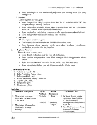 KTSP Perangkat Pembelajaran Tingkat SD, MI, DAN SDLB
 Siswa mendengarkan dan memahami penjelasan guru tentang bahan ajar yang
disampaikan
 Elaborasi
Dalam kegiatan elaborasi, guru:
 Siswa menyebutkan sikap keteguhan iman Nabi Isa AS terhadap Allah SWT dan
sifat penolongnya terhadap kaumnya
 Siswa memberikan pendapat tentang sikap keteguhan iman Nabi Isa AS terhadap
Allah SWT dan sifat penolongnya terhadap kaumnya
 Siswa memberikan contoh sikap penolong melalui pengalaman mereka sehari-hari
 Siswa menyebutkan manfaat dari memiliki sifat penolong
 Konfirmasi
Dalam kegiatan konfirmasi, guru:
 Guru bertanya jawab tentang hal-hal yang belum diketahui siswa
 Guru bersama siswa bertanya jawab meluruskan kesalahan pemahaman,
memberikan penguatan dan penyimpulan
3. Kegiatan Penutup
Dalam kegiatan penutup, guru:
 Siswa diminta melakukan aktivitas yang ada di halaman
 Siswa diminta menyimpulkan kisah dalam sepengaal kisah menggunakan bahasa
sendiri
 Siswa mendengarkan dan menyimak bacaan intisari yang dibacakan guru
 Siswa mengerjakan latihan yang ada di halaman, ditulis di buku tugas
Alat / Sumber Belajar:
1. Teks kisah Nabi Isa AS
2. Buku Pendidikan Agama Islam.
3. Buku-buku kisah Nabi
4. Kaset/CD tentang tentang kisah Nabi
5. Alquran (juz Amma)
6. Pengalaman guru
7. Lingkungan sekitar
Penilaian:
Indikator Pencapaian Teknik
Penilaian
Bentuk
Instrumen
Instrumen/ Soal
 Meneladani keteguhan
iman Nabi Isa AS terhadap
Allah SWT
 Meneladani sifat penolong
Nabi Isa As terhadap
kaumnya
Tes tulis
Tes tulis
Essay
Jawaban
singkat
1. Ceritakan dengan singkat
bagaimana sikap Nabi Isa
AS dalam mengajak
kaumnya untuk menyembah
Allah SWT?
2. Pernahkah kamu menolong
temanmu? Ceritakan
dengan singkat!
Rencana Pelaksanaan Pembelajaran (RPP)392
 