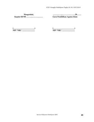 KTSP Perangkat Pembelajaran Tingkat SD, MI, DAN SDLB
Mengetahui,
Kepala SD/MI ………………………
(_______________________)
NIP / NIK : ...........................
…….……..,…………………20…….
Guru Pendidikan Agama Islam
(_______________________)
NIP / NIK : ...........................
Rencana Pelaksanaan Pembelajaran (RPP) 45
 