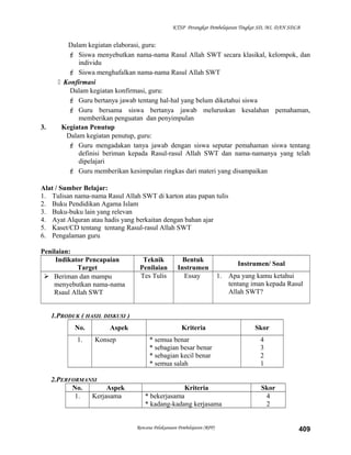 KTSP Perangkat Pembelajaran Tingkat SD, MI, DAN SDLB
Dalam kegiatan elaborasi, guru:
 Siswa menyebutkan nama-nama Rasul Allah SWT secara klasikal, kelompok, dan
individu
 Siswa menghafalkan nama-nama Rasul Allah SWT
 Konfirmasi
Dalam kegiatan konfirmasi, guru:
 Guru bertanya jawab tentang hal-hal yang belum diketahui siswa
 Guru bersama siswa bertanya jawab meluruskan kesalahan pemahaman,
memberikan penguatan dan penyimpulan
3. Kegiatan Penutup
Dalam kegiatan penutup, guru:
 Guru mengadakan tanya jawab dengan siswa seputar pemahaman siswa tentang
definisi beriman kepada Rasul-rasul Allah SWT dan nama-namanya yang telah
dipelajari
 Guru memberikan kesimpulan ringkas dari materi yang disampaikan
Alat / Sumber Belajar:
1. Tulisan nama-nama Rasul Allah SWT di karton atau papan tulis
2. Buku Pendidikan Agama Islam
3. Buku-buku lain yang relevan
4. Ayat Alquran atau hadis yang berkaitan dengan bahan ajar
5. Kaset/CD tentang tentang Rasul-rasul Allah SWT
6. Pengalaman guru
Penilaian:
Indikator Pencapaian
Target
Teknik
Penilaian
Bentuk
Instrumen
Instrumen/ Soal
 Beriman dan mampu
menyebutkan nama-nama
Rsaul Allah SWT
Tes Tulis Essay 1. Apa yang kamu ketahui
tentang iman kepada Rasul
Allah SWT?
1.PRODUK ( HASIL DISKUSI )
No. Aspek Kriteria Skor
1. Konsep * semua benar
* sebagian besar benar
* sebagian kecil benar
* semua salah
4
3
2
1
2.PERFORMANSI
No. Aspek Kriteria Skor
1. Kerjasama * bekerjasama
* kadang-kadang kerjasama
4
2
Rencana Pelaksanaan Pembelajaran (RPP) 409
 