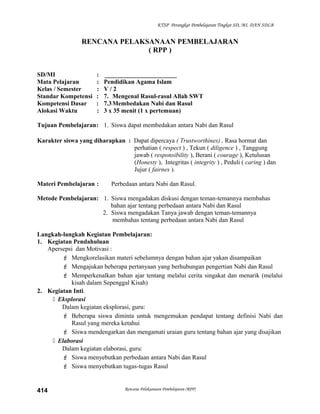 KTSP Perangkat Pembelajaran Tingkat SD, MI, DAN SDLB
RENCANA PELAKSANAAN PEMBELAJARAN
( RPP )
SD/MI : _______________________
Mata Pelajaran : Pendidikan Agama Islam
Kelas / Semester : V / 2
Standar Kompetensi : 7. Mengenal Rasul-rasul Allah SWT
Kompetensi Dasar : 7.3Membedakan Nabi dan Rasul
Alokasi Waktu : 3 x 35 menit (1 x pertemuan)
Tujuan Pembelajaran: 1. Siswa dapat membedakan antara Nabi dan Rasul
Karakter siswa yang diharapkan : Dapat dipercaya ( Trustworthines) , Rasa hormat dan
perhatian ( respect ) , Tekun ( diligence ) , Tanggung
jawab ( responsibility ), Berani ( courage ), Ketulusan
(Honesty ), Integritas ( integrity ) , Peduli ( caring ) dan
Jujur ( fairnes ).
Materi Pembelajaran : Perbedaan antara Nabi dan Rasul.
Metode Pembelajaran: 1. Siswa mengadakan diskusi dengan teman-temannya membahas
bahan ajar tentang perbedaan antara Nabi dan Rasul
2. Siswa mengadakan Tanya jawab dengan teman-temannya
membahas tentang perbedaan antara Nabi dan Rasul
Langkah-langkah Kegiatan Pembelajaran:
1. Kegiatan Pendahuluan
Apersepsi dan Motivasi :
 Mengkorelasikan materi sebelumnya dengan bahan ajar yakan disampaikan
 Mengajukan beberapa pertanyaan yang berhubungan pengertian Nabi dan Rasul
 Memperkenalkan bahan ajar tentang melalui cerita singakat dan menarik (melalui
kisah dalam Sepenggal Kisah)
2. Kegiatan Inti.
 Eksplorasi
Dalam kegiatan eksplorasi, guru:
 Beberapa siswa diminta untuk mengemukan pendapat tentang definisi Nabi dan
Rasul yang mereka ketahui
 Siswa mendengarkan dan mengamati uraian guru tentang bahan ajar yang disajikan
 Elaborasi
Dalam kegiatan elaborasi, guru:
 Siswa menyebutkan perbedaan antara Nabi dan Rasul
 Siswa menyebutkan tugas-tugas Rasul
Rencana Pelaksanaan Pembelajaran (RPP)414
 
