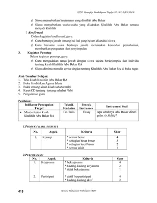 KTSP Perangkat Pembelajaran Tingkat SD, MI, DAN SDLB
 Siswa menyebutkan keutamaan yang dimiliki Abu Bakar
 Siswa menyebutkan usaha-usaha yang dilakukan Khalifah Abu Bakar semasa
menjadi khalifah
 Konfirmasi
Dalam kegiatan konfirmasi, guru:
 Guru bertanya jawab tentang hal-hal yang belum diketahui siswa
 Guru bersama siswa bertanya jawab meluruskan kesalahan pemahaman,
memberikan penguatan dan penyimpulan
3. Kegiatan Penutup
Dalam kegiatan penutup, guru:
 Guru mengadakan tanya jawab dengan siswa secara berkelompok dan individu
tentang kisah Khalifah Abu Bakar RA
 Siswa diminta menulis cerita singkat tentang Khalifah Abu Bakar RA di buku tugas
Alat / Sumber Belajar:
1. Teks kisah Khalifah Abu Bakar RA
2. Buku Pendidikan Agama Islam
3. Buku tentang kisah-kisah sahabat nabi
4. Kaset/CD tentang tentang sahabat Nabi
5. Pengalaman guru
Penilaian:
Indikator Pencapaian
Target
Teknik
Penilaian
Bentuk
Instrumen
Instrumen/ Soal
 Menceritakan kisah
Khalifah Abu Bakar RA
Tes Tulis Essay Apa sebabnya Abu Bakar diberi
gelar As Siddiq?
1.PRODUK ( HASIL DISKUSI )
No. Aspek Kriteria Skor
1. Konsep * semua benar
* sebagian besar benar
* sebagian kecil benar
* semua salah
4
3
2
1
2.PERFORMANSI
No. Aspek Kriteria Skor
1.
2.
Kerjasama
Partisipasi
* bekerjasama
* kadang-kadang kerjasama
* tidak bekerjasama
* aktif berpartisipasi
* kadang-kadang aktif
4
2
1
4
2
Rencana Pelaksanaan Pembelajaran (RPP)418
 