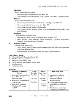 KTSP Perangkat Pembelajaran Tingkat SD, MI, DAN SDLB
 Eksplorasi
Dalam kegiatan eksplorasi, guru:
 Guru membacakan kisah Khalifah Abu Bakar RA
 Siswa memberikan kesimpulan dari kisah Khalifah Abu Bakar RA yang dibacakan
 Elaborasi
Dalam kegiatan elaborasi, guru:
 Siswa menyebutkan kecintaan Abu Bakar RA terhadap Rasulullah SAW
 Siswa menyebutkan kedermawanan Abu Bakar RA
 Siswa menyebutkan kesahajaan Abu Bakar RA
 Siswa mengemukakan pendapat tentang sikap-sikap Khalifah Abu Bakar RA yang
patut diteladani
 Konfirmasi
Dalam kegiatan konfirmasi, guru:
 Guru bertanya jawab tentang hal-hal yang belum diketahui siswa
 Guru bersama siswa bertanya jawab meluruskan kesalahan pemahaman,
memberikan penguatan dan penyimpulan
3. Kegiatan Penutup
Dalam kegiatan penutup, guru:
 Siswa diminta menulis contoh-contoh sikap kedermawanan, dan kesehajaan dalam
praktik mereka sehari-hari
 Guru membacakan kesimpulan ringkas dari materi yang disampaikan
Alat / Sumber Belajar:
1. Teks kisah Khalifah Umar bin Khattab RA
2. Buku Pendidikan Agama Islam
3. Buku-buku kisah Sahabat Nabi
4. Kaset/CD tentang tentang kisah sahabat Nabi
5. Pengalaman guru
6. Lingkungan sekitar
Penilaian:
Indikator Pencapaian
Target
Teknik
Penilaian
Bentuk
Instrumen
Instrumen/ Soal
 Meneladani kecintaan Abu
Bakar RA terhadap
Rasulullah SAW
 Meneladani kedermawanan
Abu Bakar RA
 Meneladani kesahajaan
Abu Bakar RA sebagai
khalifah
Tes Tulis
Tes Tulis
Tes Tulis
Essay
Jawaban
singkat
Jawaban
singkat
 Apa yang harus kamu
lakukan sebagai tanda
kecintaan terhadap
Rasulullah SAW?
 Siapakah nama budak yang
dimerdekakan Abu Bakar
RA?
 Sebutkan dua keuntungan
orang yang hidup bersahaja!
Rencana Pelaksanaan Pembelajaran (RPP)424
 