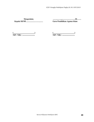 KTSP Perangkat Pembelajaran Tingkat SD, MI, DAN SDLB
Mengetahui,
Kepala SD/MI ………………………
(_______________________)
NIP / NIK : ...........................
…….……..,…………………20…….
Guru Pendidikan Agama Islam
(_______________________)
NIP / NIK : ...........................
Rencana Pelaksanaan Pembelajaran (RPP) 49
 