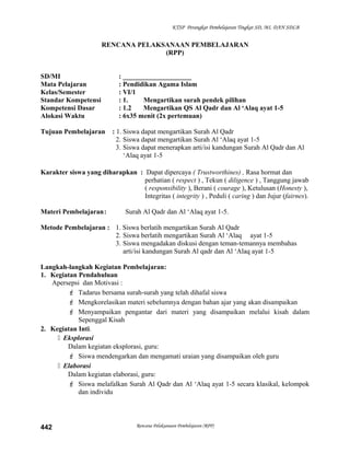 KTSP Perangkat Pembelajaran Tingkat SD, MI, DAN SDLB
RENCANA PELAKSANAAN PEMBELAJARAN
(RPP)
SD/MI : ____________________
Mata Pelajaran : Pendidikan Agama Islam
Kelas/Semester : VI/1
Standar Kompetensi : 1. Mengartikan surah pendek pilihan
Kompetensi Dasar : 1.2 Mengartikan QS Al Qadr dan Al ‘Alaq ayat 1-5
Alokasi Waktu : 6x35 menit (2x pertemuan)
Tujuan Pembelajaran : 1. Siswa dapat mengartikan Surah Al Qadr
2. Siswa dapat mengartikan Surah Al ‘Alaq ayat 1-5
3. Siswa dapat menerapkan arti/isi kandungan Surah Al Qadr dan Al
‘Alaq ayat 1-5
Karakter siswa yang diharapkan : Dapat dipercaya ( Trustworthines) , Rasa hormat dan
perhatian ( respect ) , Tekun ( diligence ) , Tanggung jawab
( responsibility ), Berani ( courage ), Ketulusan (Honesty ),
Integritas ( integrity ) , Peduli ( caring ) dan Jujur (fairnes).
Materi Pembelajaran: Surah Al Qadr dan Al ‘Alaq ayat 1-5.
Metode Pembelajaran : 1. Siswa berlatih mengartikan Surah Al Qadr
2. Siswa berlatih mengartikan Surah Al ‘Alaq ayat 1-5
3. Siswa mengadakan diskusi dengan teman-temannya membahas
arti/isi kandungan Surah Al qadr dan Al ‘Alaq ayat 1-5
Langkah-langkah Kegiatan Pembelajaran:
1. Kegiatan Pendahuluan
Apersepsi dan Motivasi :
 Tadarus bersama surah-surah yang telah dihafal siswa
 Mengkorelasikan materi sebelumnya dengan bahan ajar yang akan disampaikan
 Menyampaikan pengantar dari materi yang disampaikan melalui kisah dalam
Sepenggal Kisah
2. Kegiatan Inti.
 Eksplorasi
Dalam kegiatan eksplorasi, guru:
 Siswa mendengarkan dan mengamati uraian yang disampaikan oleh guru
 Elaborasi
Dalam kegiatan elaborasi, guru:
 Siswa melafalkan Surah Al Qadr dan Al ‘Alaq ayat 1-5 secara klasikal, kelompok
dan individu
Rencana Pelaksanaan Pembelajaran (RPP)442
 