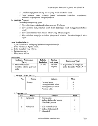 KTSP Perangkat Pembelajaran Tingkat SD, MI, DAN SDLB
 Guru bertanya jawab tentang hal-hal yang belum diketahui siswa
 Guru bersama siswa bertanya jawab meluruskan kesalahan pemahaman,
memberikan penguatan dan penyimpulan
3. Kegiatan Penutup
Dalam kegiatan penutup, guru:
 Siswa diminta melakukan aktivitas yang ada di halaman
 Siswa diminta menyimpulkan kisah dalam Sepenggal Kisah menggunakan bahasa
sendiri
 Siswa diminta menyimak bacaan intisari yang dibacakan guru
 Siswa diminta mengerjakan latihan yang ada di halaman , dan menulisnya di buku
tugas
Alat/Sumber belajar:
1. Ayat Alquran atau hadis yang berkaitan dengan bahan ajar
2. Buku Pendidikan Agama Islam.
3. Buku-buku lain yang relevan
4. Pengalaman guru
5. Lingkungan sekitar
Penilaian:
Indikator Pencapaian
Target
Teknik
Penilaian
Bentuk
Instrumen
Instrumen/ Soal
 Menyebutkan cara
meyakini adanya qada’ dan
qadar
Tes tulis Jawaban
singkat
 Bagaimanakah menyikapi
qada’ dan qadar Allah SWT?
1.PRODUK ( HASIL DISKUSI )
No. Aspek Kriteria Skor
1. Konsep * semua benar
* sebagian besar benar
* sebagian kecil benar
* semua salah
4
3
2
1
2.PERFORMANSI
No. Aspek Kriteria Skor
1.
2.
Kerjasama
Partisipasi
* bekerjasama
* kadang-kadang kerjasama
* tidak bekerjasama
* aktif berpartisipasi
* kadang-kadang aktif
* tidak aktif
4
2
1
4
2
1
Rencana Pelaksanaan Pembelajaran (RPP) 487
 