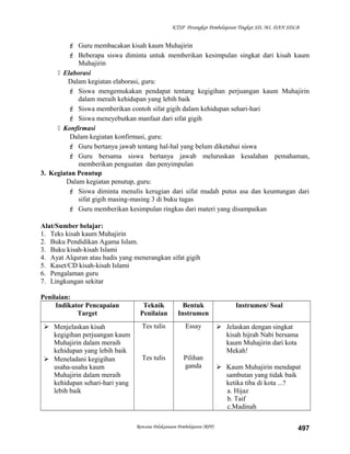 KTSP Perangkat Pembelajaran Tingkat SD, MI, DAN SDLB
 Guru membacakan kisah kaum Muhajirin
 Beberapa siswa diminta untuk memberikan kesimpulan singkat dari kisah kaum
Muhajirin
 Elaborasi
Dalam kegiatan elaborasi, guru:
 Siswa mengemukakan pendapat tentang kegigihan perjuangan kaum Muhajirin
dalam meraih kehidupan yang lebih baik
 Siswa memberikan contoh sifat gigih dalam kehidupan sehari-hari
 Siswa meneyebutkan manfaat dari sifat gigih
 Konfirmasi
Dalam kegiatan konfirmasi, guru:
 Guru bertanya jawab tentang hal-hal yang belum diketahui siswa
 Guru bersama siswa bertanya jawab meluruskan kesalahan pemahaman,
memberikan penguatan dan penyimpulan
3. Kegiatan Penutup
Dalam kegiatan penutup, guru:
 Siswa diminta menulis kerugian dari sifat mudah putus asa dan keuntungan dari
sifat gigih masing-masing 3 di buku tugas
 Guru memberikan kesimpulan ringkas dari materi yang disampaikan
Alat/Sumber belajar:
1. Teks kisah kaum Muhajirin
2. Buku Pendidikan Agama Islam.
3. Buku kisah-kisah Islami
4. Ayat Alquran atau hadis yang menerangkan sifat gigih
5. Kaset/CD kisah-kisah Islami
6. Pengalaman guru
7. Lingkungan sekitar
Penilaian:
Indikator Pencapaian
Target
Teknik
Penilaian
Bentuk
Instrumen
Instrumen/ Soal
 Menjelaskan kisah
kegigihan perjuangan kaum
Muhajirin dalam meraih
kehidupan yang lebih baik
 Meneladani kegigihan
usaha-usaha kaum
Muhajirin dalam meraih
kehidupan sehari-hari yang
lebih baik
Tes tulis
Tes tulis
Essay
Pilihan
ganda
 Jelaskan dengan singkat
kisah hijrah Nabi bersama
kaum Muhajirin dari kota
Mekah!
 Kaum Muhajirin mendapat
sambutan yang tidak baik
ketika tiba di kota ...?
a. Hijaz
b. Taif
c.Madinah
Rencana Pelaksanaan Pembelajaran (RPP) 497
 