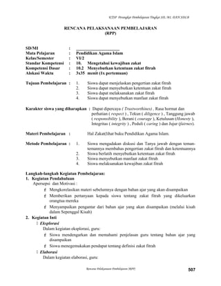 KTSP Perangkat Pembelajaran Tingkat SD, MI, DAN SDLB
RENCANA PELAKSANAAN PEMBELAJARAN
(RPP)
SD/MI : ____________________
Mata Pelajaran : Pendidikan Agama Islam
Kelas/Semester : VI/2
Standar Kompetensi : 10. Mengetahui kewajiban zakat
Kompetensi Dasar : 10.2 Menyebutkan ketentuan zakat fitrah
Alokasi Waktu : 3x35 menit (1x pertemuan)
Tujuan Pembelajaran : 1. Siswa dapat menjelaskan pengertian zakat fitrah
2. Siswa dapat menyebutkan ketentuan zakat fitrah
3. Siswa dapat melaksanakan zakat fitrah
4. Siswa dapat menyebutkan manfaat zakat fitrah
Karakter siswa yang diharapkan : Dapat dipercaya ( Trustworthines) , Rasa hormat dan
perhatian ( respect ) , Tekun ( diligence ) , Tanggung jawab
( responsibility ), Berani ( courage ), Ketulusan (Honesty ),
Integritas ( integrity ) , Peduli ( caring ) dan Jujur (fairnes).
Materi Pembelajaran : Hal Zakat(lihat buku Pendidikan Agama Islam.
Metode Pembelajaran : 1. Siswa mengadakan diskusi dan Tanya jawab dengan teman-
temannya membahas pengertian zakat fitrah dan ketentuannya
2. Siswa berlatih menyebutkan ketentuan zakat fitrah
3. Siswa menyebutkan manfaat zakat fitrah
4. Siswa melaksanakan kewajiban zakat fitrah
Langkah-langkah Kegiatan Pembelajaran:
1. Kegiatan Pendahuluan
Apersepsi dan Motivasi :
 Mengkorelasikan materi sebelumnya dengan bahan ajar yang akan disampaikan
 Memberikan pertanyaan kepada siswa tentang zakat fitrah yang dikeluarkan
orangtua mereka
 Menyampaikan pengantar dari bahan ajar yang akan disampaikan (melalui kisah
dalam Sepenggal Kisah)
2. Kegiatan Inti
 Eksplorasi
Dalam kegiatan eksplorasi, guru:
 Siswa mendengarkan dan memahami penjelasan guru tentang bahan ajar yang
disampaikan
 Siswa menegemukakan pendapat tentang definisi zakat fitrah
 Elaborasi
Dalam kegiatan elaborasi, guru:
Rencana Pelaksanaan Pembelajaran (RPP) 507
 