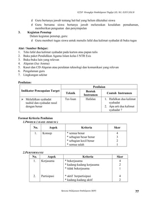 KTSP Perangkat Pembelajaran Tingkat SD, MI, DAN SDLB
 Guru bertanya jawab tentang hal-hal yang belum diketahui siswa
 Guru bersama siswa bertanya jawab meluruskan kesalahan pemahaman,
memberikan penguatan dan penyimpulan
3. Kegiatan Penutup
Dalam kegiatan penutup, guru:
 Guru memberi tugas siswa untuk menulis lafal dua kalimat syahadat di buku tugas
Alat / Sumber Belajar:
1. Teks lafal dua kalimat syahadat pada karton atau papan tulis
2. Buku paket Pendidikan Agama Islam kelas I NTR Esis
3. Buku-buku lain yang relevan
4. Alquran (Juz Amma)
5. Kaset dan CD Alquran atau peralatan teknologi dan komunikasi yang relevan
6. Pengalaman guru
7. Lingkungan sekitar
Penilaian:
Indikator Pencapaian Target
Penilaian
Teknik
Bentuk
Instrumen
Contoh Instrumen
 Melafalkan syahadat
tauhid dan syahadat rasul
dengan benar
Tes lisan Hafalan 1. Hafalkan dua kalimat
syahadat
2. Apa arti dua kalimat
syahadat ?
Format Kriteria Penilaian
1.PRODUK ( HASIL DISKUSI )
No. Aspek Kriteria Skor
1. Konsep * semua benar
* sebagian besar benar
* sebagian kecil benar
* semua salah
4
3
2
1
2.PERFORMANSI
No. Aspek Kriteria Skor
1.
2.
Kerjasama
Partisipasi
* bekerjasama
* kadang-kadang kerjasama
* tidak bekerjasama
* aktif berpartisipasi
* kadang-kadang aktif
4
2
1
4
2
Rencana Pelaksanaan Pembelajaran (RPP) 77
 