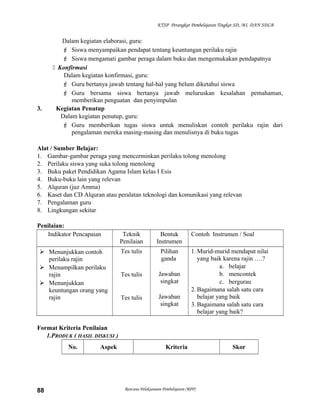 KTSP Perangkat Pembelajaran Tingkat SD, MI, DAN SDLB
Dalam kegiatan elaborasi, guru:
 Siswa menyampaikan pendapat tentang keuntungan perilaku rajin
 Siswa mengamati gambar peraga dalam buku dan mengemukakan pendapatnya
 Konfirmasi
Dalam kegiatan konfirmasi, guru:
 Guru bertanya jawab tentang hal-hal yang belum diketahui siswa
 Guru bersama siswa bertanya jawab meluruskan kesalahan pemahaman,
memberikan penguatan dan penyimpulan
3. Kegiatan Penutup
Dalam kegiatan penutup, guru:
 Guru memberikan tugas siswa untuk menuliskan contoh perilaku rajin dari
pengalaman mereka masing-masing dan menulisnya di buku tugas
Alat / Sumber Belajar:
1. Gambar-gambar peraga yang mencerminkan perilaku tolong menolong
2. Perilaku siswa yang suka tolong menolong
3. Buku paket Pendidikan Agama Islam kelas I Esis
4. Buku-buku lain yang relevan
5. Alquran (juz Amma)
6. Kaset dan CD Alquran atau peralatan teknologi dan komunikasi yang relevan
7. Pengalaman guru
8. Lingkungan sekitar
Penilaian:
Indikator Pencapaian Teknik
Penilaian
Bentuk
Instrumen
Contoh Instrumen / Soal
 Menunjukkan contoh
perilaku rajin
 Menampilkan perilaku
rajin
 Menunjukkan
keuntungan orang yang
rajin
Tes tulis
Tes tulis
Tes tulis
Pilihan
ganda
Jawaban
singkat
Jawaban
singkat
1. Murid-murid mendapat nilai
yang baik karena rajin ….?
a. belajar
b. mencontek
c. bergurau
2. Bagaimana salah satu cara
belajar yang baik
3. Bagaimana salah satu cara
belajar yang baik?
Format Kriteria Penilaian
1.PRODUK ( HASIL DISKUSI )
No. Aspek Kriteria Skor
Rencana Pelaksanaan Pembelajaran (RPP)88
 