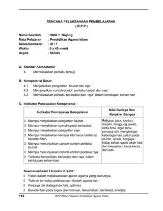 RENCANA PELAKSANAAN PEMBELAJARAN
( R P P )
Nama Sekolah : SMA 1 Bojong
Mata Pelajaran : Pendidikan Agama Islam
Kelas/Semester : XI / 1
Waktu : 6 x 45 menit
Aspek : Akhlak
A. Standar Kompetensi
4. Membiasakan perilaku terpuji.
B. Kompetensi Dasar
4.1 Menjelaskan pengertian taubat dan raja`
4.2 Menampilkan contoh-contoh perilaku taubat dan raja`
4.3 Membiasakan perilaku bertaubat dan raja` dalam kehidupan sehari hari
C. Indikator Pencapaian Kompetensi :
Indikator Pencapaian Kompetensi
Nilai Budaya Dan
Karakter Bangsa
 Mampu menjelaskan pengertian taubat
 Mampu menjelaskan syarat-syarat bertaubat.
 Mampu menjelaskan pengertian raja’
 Mampu menjelaskan kenapa kita harus berharap
kepada Allah.
 Mampu menunjukkan contoh-contoh perilaku
taubat
 Mampu menunjukkan contoh-contoh perilaku raja’.
 Terbiasa berperilaku bertaubat dan raja’ dalam
kehidupan sehari-hari.
Religius, jujur, santun,
disiplin, tanggung jawab,
cinta ilmu, ingin tahu,
percaya diri, menghargai
keberagaman, patuh pada
aturan, sosial, bergaya
hidup sehat, sadar akan hak
dan kewajiban, kerja keras,
dan adil.
Kewirausahaan/ Ekonomi Kreatif :
 Patuh dalam melaksanakan ajaran agama yang dianutnya.
 Toleran terhadap pelaksanaan ibadah agama lain
 Percaya diri (keteguhan hati, optimis).
 Berorientasi pada tugas (bermotivasi, tekun/tabah, bertekad, enerjik).
RPP Mata Pelajaran Pendidikan Agama ISlam110
 