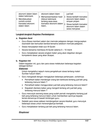 ekonomi dalam Islam
dalam kelompok.
 Mendiskusikan
contoh-contoh
transaksi ekonomi
dalam Islam
ekonomi dalam Islam
 Mempresentasikan hasil
diskusi kelompok
tentang asas-asas
transaksi ekonomi dalam
Islam.
jual beli
 Siswa berlatih transaksi
ekonomi Islam dalam
simpan pinjam
 Siswa berlatih transaksi
ekonomi Islam dalam
sewa menyewa
Langkah-langkah Kegiatan Pembelajaran
a. Kegiatan Awal
- Guru-Siswa memberi salam dan memulai pelajaran dengan mengucapkan
basmalah dan kemudian berdoá bersama sebelum memulai pelajaran.
- Siswa menyiapkan kitab suci Al Qurán
- Secara bersama membaca Al Qurán selama 5 – 10 menit
- Guru menjelaskan secara singkat materi yang akan diajarkan dengan
kompetensi dasar yang akan dicapai.
b. Kegiatan Inti
Dalam kegiatan inti, guru dan para siswa melakukan beberapa kegiatan
sebagai berikut:
Elaborasi
Untuk mengetahui sejauh mana pengetahuan siswa tentang materi
Sumber hukum Islam.
- Guru mengawali dengan mengajukan beberapa pertanyaan, contohnya:
• Pernahkah kalian mendengar orang lain berbicara tentang jual beli yang
terlarang menurut Islam ?
• Pernahkah kalian menggunakan jual beli yang terlarang menurut Islam?
• Siapakah diantara kalian yang mengerti tentang arti jual beli yang
terlarang menurut Islam ?
- Guru menunjuk seorang siswa yang sudah pernah mengetahui tentang jual
beli yang terlarang menurut Islam untuk memberikan opininya kepada
teman-temannya di bawah bimbingan guru.
- Setelah para siswa selesai mendengarkan secara klasikal, guru menunjuk
beberapa siswa untuk menerangkanya kembali.
- Guru menjelaskan tentang jual beli yang terlarang menurut Islam.
Eksplorasi
RPP Mata Pelajaran Pendidikan Agama ISlam 117
 