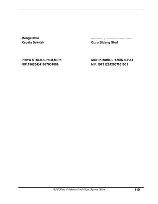 Mengetahui
Kepala Sekolah
PRIYA STIADI.S.Pd.M.M.Pd
NIP.196204241987031006
.............. , ...............................
Guru Bidang Studi
MOH KHAIRUL YASIN.S.Pd.I
NIP.197312242007101001
RPP Mata Pelajaran Pendidikan Agama ISlam 119
 