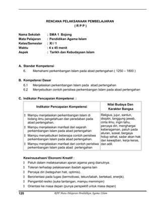 RENCANA PELAKSANAAN PEMBELAJARAN
( R P P )
Nama Sekolah : SMA 1 Bojong
Mata Pelajaran : Pendidikan Agama Islam
Kelas/Semester : XI / 1
Waktu : 4 x 45 menit
Aspek : Tarikh dan Kebudayaan Islam
A. Standar Kompetensi
6. Memahami perkembangan Islam pada abad pertengahan ( 1250 – 1800 )
B. Kompetensi Dasar
6.1 Menjelaskan perkembangan Islam pada abad pertengahan
6.2 Menyebutkan contoh peristiwa perkembangan Islam pada abad pertengahan
C. Indikator Pencapaian Kompetensi :
Indikator Pencapaian Kompetensi
Nilai Budaya Dan
Karakter Bangsa
 Mampu menjelaskan perkembangan Islam di
bidang ilmu pengetahuan dan peradaban pada
abad pertengahan.
 Mampu menjelaskan manfaat dari sejarah
perkembangan Islam pada abad pertengahan
 Mampu menyebutkan beberapa contoh peristiwa
perkembangan Islam pada abad pertengahan.
 Mampu menjelaskan manfaat dari contoh peristiwa
perkembangan Islam pada abad pertengahan
Religius, jujur, santun,
disiplin, tanggung jawab,
cinta ilmu, ingin tahu,
percaya diri, menghargai
keberagaman, patuh pada
aturan, sosial, bergaya
hidup sehat, sadar akan hak
dan kewajiban, kerja keras,
dan adil.
Kewirausahaan/ Ekonomi Kreatif :
 Patuh dalam melaksanakan ajaran agama yang dianutnya.
 Toleran terhadap pelaksanaan ibadah agama lain
 Percaya diri (keteguhan hati, optimis).
 Berorientasi pada tugas (bermotivasi, tekun/tabah, bertekad, enerjik).
 Pengambil resiko (suka tantangan, mampu memimpin)
 Orientasi ke masa depan (punya perspektif untuk masa depan)
RPP Mata Pelajaran Pendidikan Agama ISlam120
 