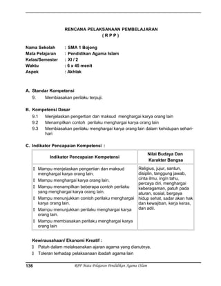 RENCANA PELAKSANAAN PEMBELAJARAN
( R P P )
Nama Sekolah : SMA 1 Bojong
Mata Pelajaran : Pendidikan Agama Islam
Kelas/Semester : XI / 2
Waktu : 6 x 45 menit
Aspek : Akhlak
A. Standar Kompetensi
9. Membiasakan perilaku terpuji.
B. Kompetensi Dasar
9.1 Menjelaskan pengertian dan maksud menghargai karya orang lain
9.2 Menampilkan contoh perilaku menghargai karya orang lain
9.3 Membiasakan perilaku menghargai karya orang lain dalam kehidupan sehari-
hari
C. Indikator Pencapaian Kompetensi :
Indikator Pencapaian Kompetensi
Nilai Budaya Dan
Karakter Bangsa
 Mampu menjelaskan pengertian dan maksud
menghargai karya orang lain.
 Mampu menghargai karya orang lain.
 Mampu menampilkan beberapa contoh perilaku
yang menghargai karya orang lain.
 Mampu menunjukkan contoh perilaku menghargai
karya orang lain.
 Mampu menunjukkan perilaku menghargai karya
orang lain.
 Mampu membiasakan perilaku menghargai karya
orang lain
Religius, jujur, santun,
disiplin, tanggung jawab,
cinta ilmu, ingin tahu,
percaya diri, menghargai
keberagaman, patuh pada
aturan, sosial, bergaya
hidup sehat, sadar akan hak
dan kewajiban, kerja keras,
dan adil.
Kewirausahaan/ Ekonomi Kreatif :
 Patuh dalam melaksanakan ajaran agama yang dianutnya.
 Toleran terhadap pelaksanaan ibadah agama lain
RPP Mata Pelajaran Pendidikan Agama ISlam136
 