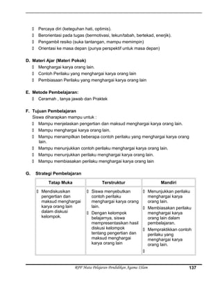  Percaya diri (keteguhan hati, optimis).
 Berorientasi pada tugas (bermotivasi, tekun/tabah, bertekad, enerjik).
 Pengambil resiko (suka tantangan, mampu memimpin)
 Orientasi ke masa depan (punya perspektif untuk masa depan)
D. Materi Ajar (Materi Pokok)
 Menghargai karya orang lain.
 Contoh Perilaku yang menghargai karya orang lain
 Pembiasaan Perilaku yang menghargai karya orang lain
E. Metode Pembelajaran:
 Ceramah , tanya jawab dan Praktek
F. Tujuan Pembelajaran
Siswa diharapkan mampu untuk :
 Mampu menjelaskan pengertian dan maksud menghargai karya orang lain.
 Mampu menghargai karya orang lain.
 Mampu menampilkan beberapa contoh perilaku yang menghargai karya orang
lain.
 Mampu menunjukkan contoh perilaku menghargai karya orang lain.
 Mampu menunjukkan perilaku menghargai karya orang lain.
 Mampu membiasakan perilaku menghargai karya orang lain
G. Strategi Pembelajaran
Tatap Muka Terstruktur Mandiri
 Mendiskusikan
pengertian dan
maksud menghargai
karya orang lain
dalam diskusi
kelompok.
 Siswa menyebutkan
contoh perilaku
menghargai karya orang
lain.
 Dengan kelompok
belajarnya, siswa
mempresentasikan hasil
diskusi kelompok
tentang pengertian dan
maksud menghargai
karya orang lain
 Menunjukkan perilaku
menghargai karya
orang lain.
 Membiasakan perilaku
menghargai karya
orang lain dalam
pembelajaran.
 Mempraktikkan contoh
perilaku yang
menghargai karya
orang lain.

RPP Mata Pelajaran Pendidikan Agama ISlam 137
 