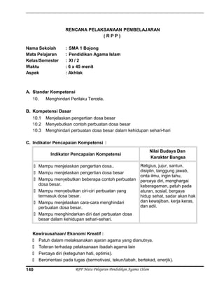 RENCANA PELAKSANAAN PEMBELAJARAN
( R P P )
Nama Sekolah : SMA 1 Bojong
Mata Pelajaran : Pendidikan Agama Islam
Kelas/Semester : XI / 2
Waktu : 6 x 45 menit
Aspek : Akhlak
A. Standar Kompetensi
10. Menghindari Perilaku Tercela.
B. Kompetensi Dasar
10.1 Menjelaskan pengertian dosa besar
10.2 Menyebutkan contoh perbuatan dosa besar
10.3 Menghindari perbuatan dosa besar dalam kehidupan sehari-hari
C. Indikator Pencapaian Kompetensi :
Indikator Pencapaian Kompetensi
Nilai Budaya Dan
Karakter Bangsa
 Mampu menjelaskan pengertian dosa..
 Mampu menjelaskan pengertian dosa besar
 Mampu menyebutkan beberapa contoh perbuatan
dosa besar.
 Mampu menyebutkan ciri-ciri perbuatan yang
termasuk dosa besar.
 Mampu menjelaskan cara-cara menghindari
perbuatan dosa besar.
 Mampu menghindarkan diri dari perbuatan dosa
besar dalam kehidupan sehari-sehari.
Religius, jujur, santun,
disiplin, tanggung jawab,
cinta ilmu, ingin tahu,
percaya diri, menghargai
keberagaman, patuh pada
aturan, sosial, bergaya
hidup sehat, sadar akan hak
dan kewajiban, kerja keras,
dan adil.
Kewirausahaan/ Ekonomi Kreatif :
 Patuh dalam melaksanakan ajaran agama yang dianutnya.
 Toleran terhadap pelaksanaan ibadah agama lain
 Percaya diri (keteguhan hati, optimis).
 Berorientasi pada tugas (bermotivasi, tekun/tabah, bertekad, enerjik).
RPP Mata Pelajaran Pendidikan Agama ISlam140
 